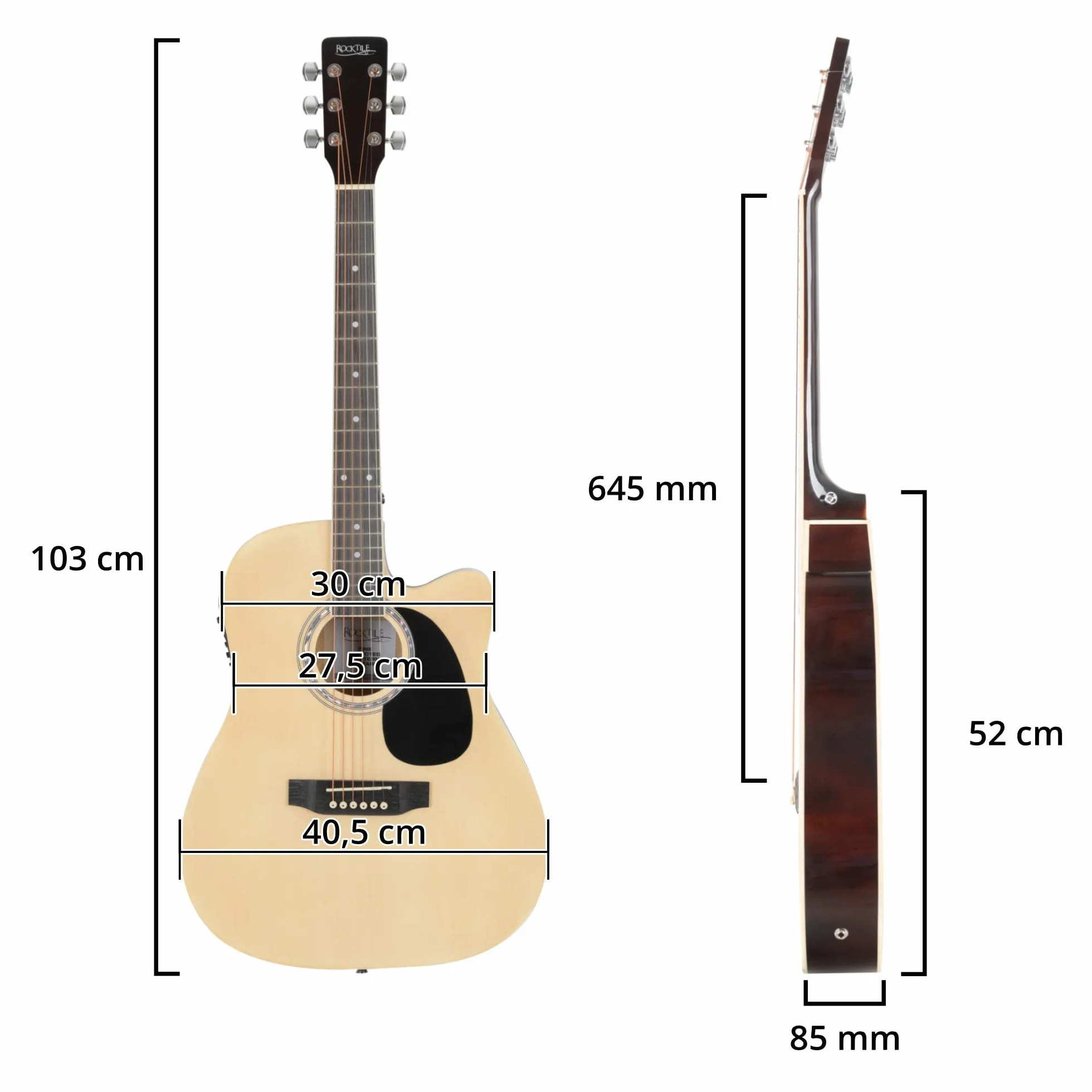 Rocktile WSD-8CE-NT Slim Line Set de Guitarras Western - Guitarra Acústica Dreadnought - Westernguitarra con Pastilla en Set Incluye Funda, Correa, Cable, Cuerdas de Repuesto y Púas - Natural