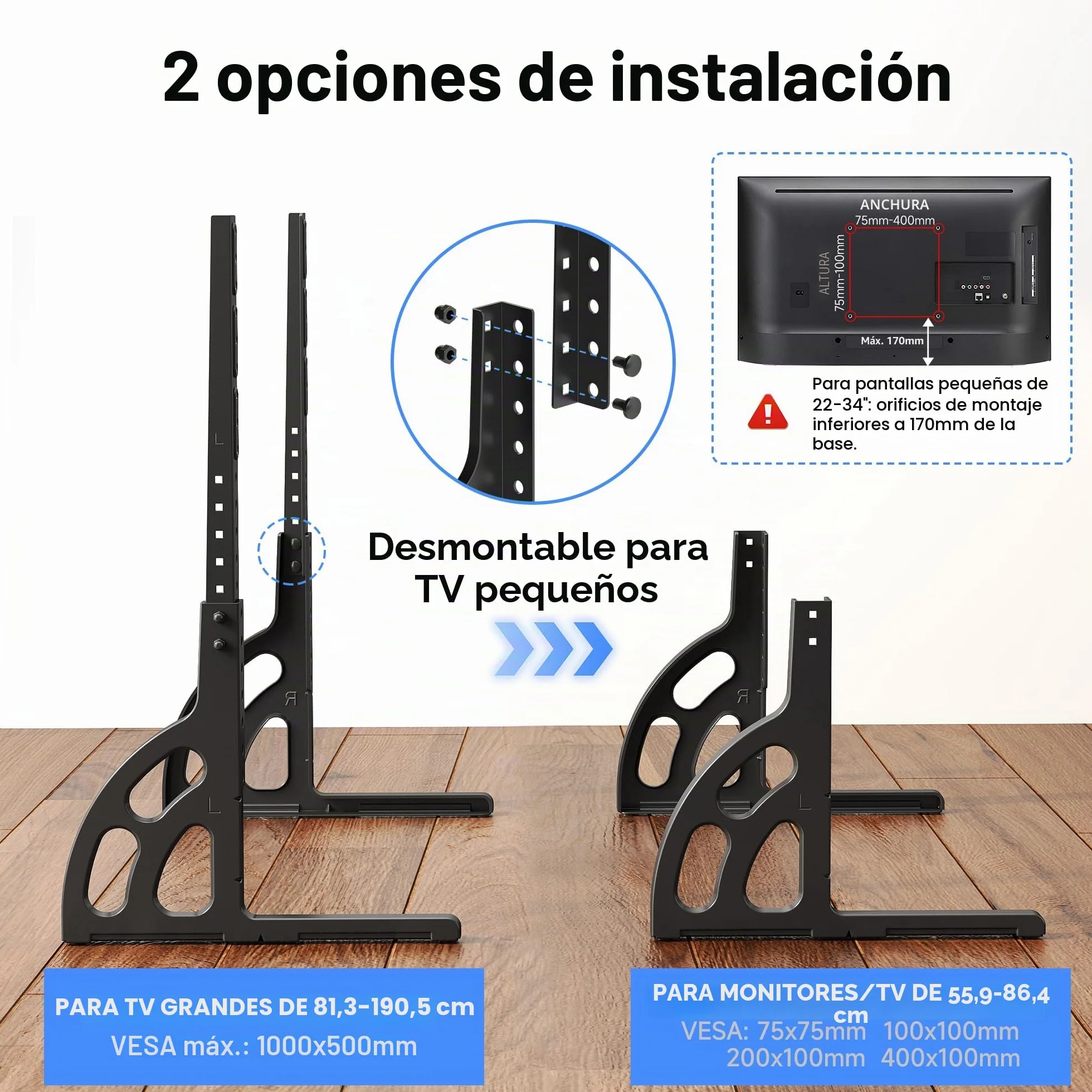 XINLEI Soporte Universal para TV de 22 a 85 Pulgadas, Base metálica antivibración, Patas de Repuesto robustas y Ajustables, VESA máx. 1000 x 500 mm, Capacidad de Carga 55 kg ML1760E