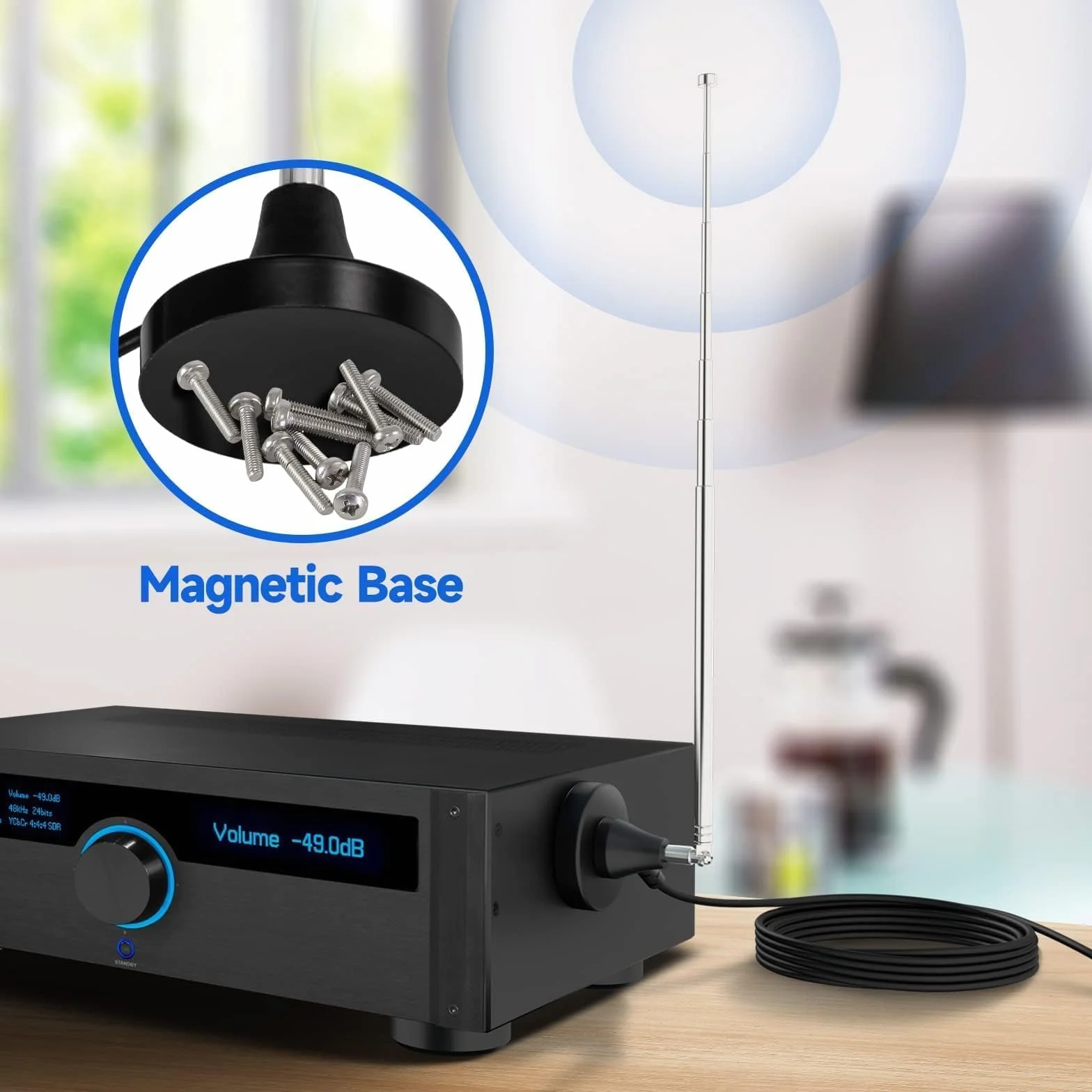 Bingfu Antena Dab FM Radio Telescópica Digital para Interiores Base Magnética Cable 3M para 75 Ohm Hogar AV Audio Video Receptor