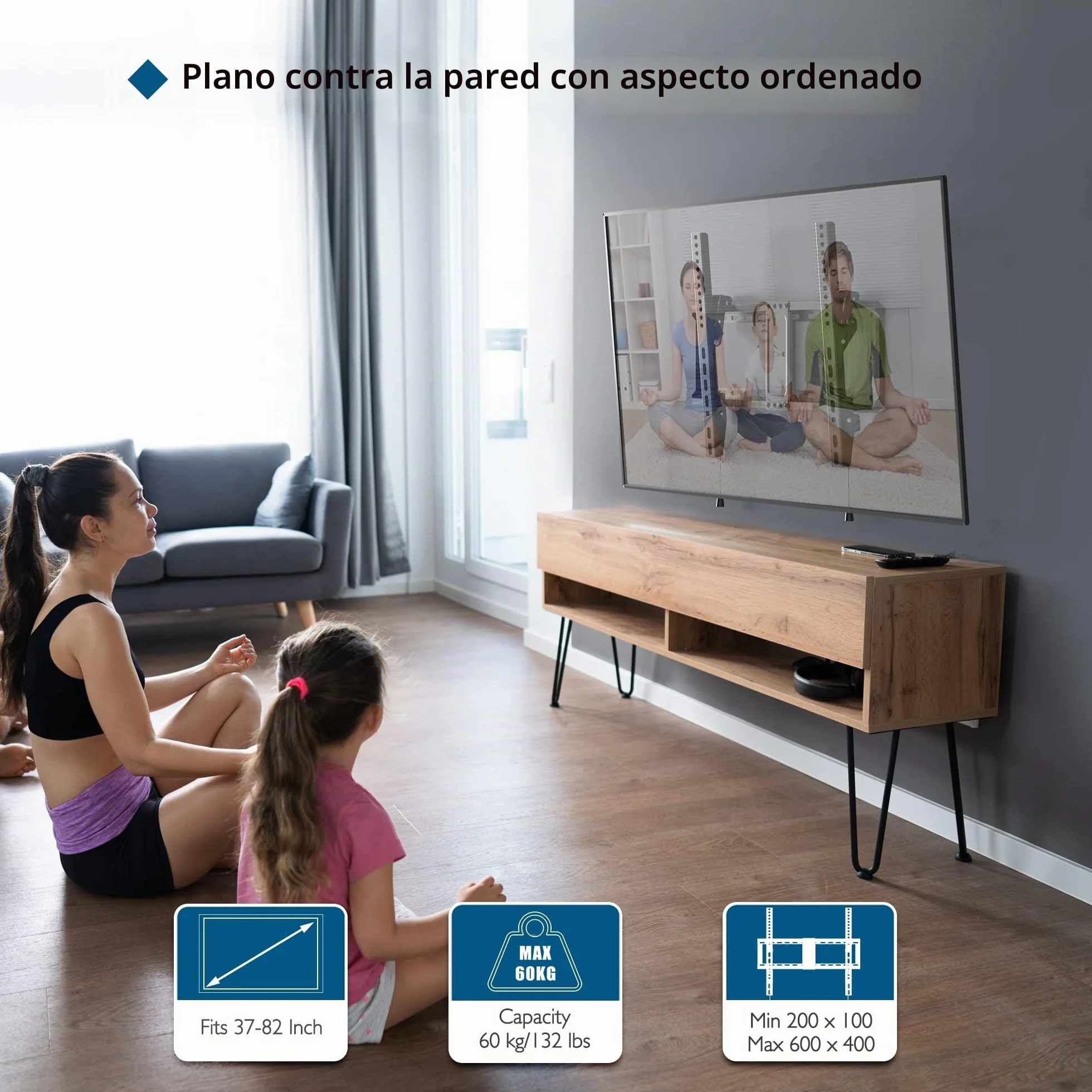 BONTEC Soporte TV Pared Inclinable 37-82 Pulgadas Plana Curva LED LCD, Capacidad 60 kg, VESA 600x400 mm, Nivel Burbuja Brida Cables