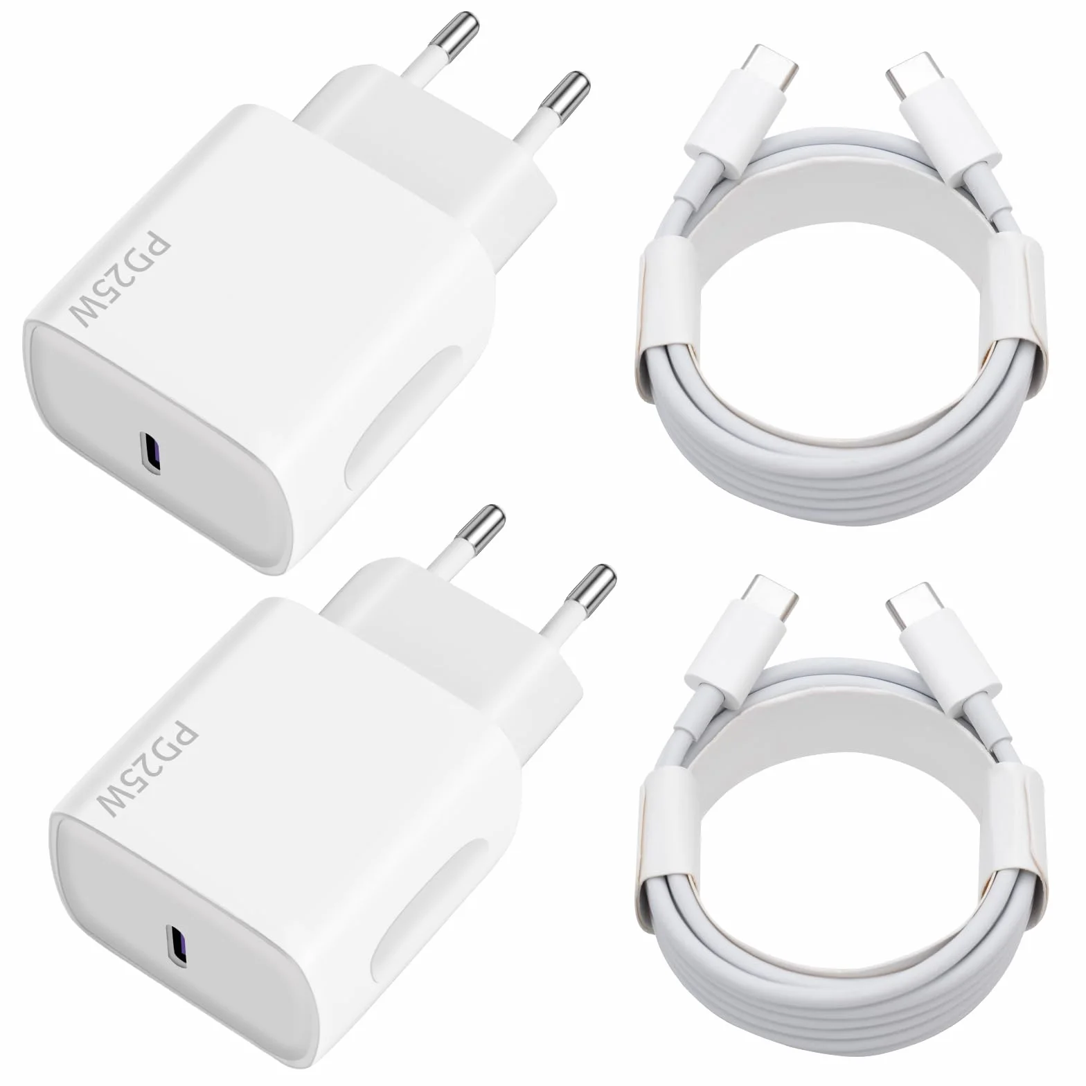 Cargador USB C 25W 2PCS Tipo C Cable Carga Rápida 2x2M para Samsung Galaxy iPhone iPad Xiaomi Huawei