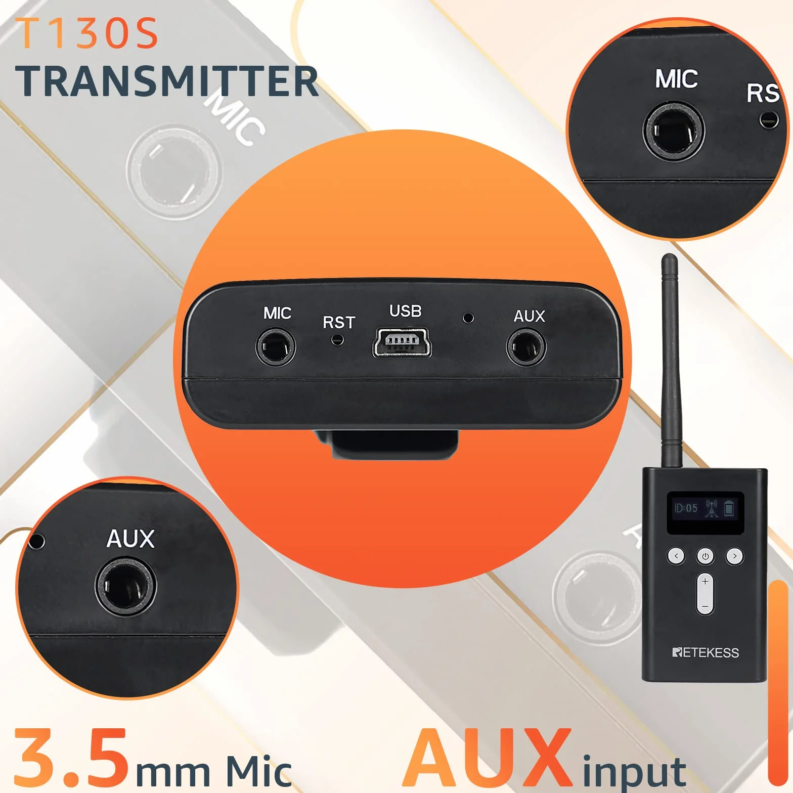 Retekess T130S Tour Guide System, Mejora Sistema de Audioguía Turística, 100m, 49 Canales, Auriculares D, Micrófono para Guía Turístico para Recorrido Fábrica, Turismo (1 Transmisor 5 Receptores)