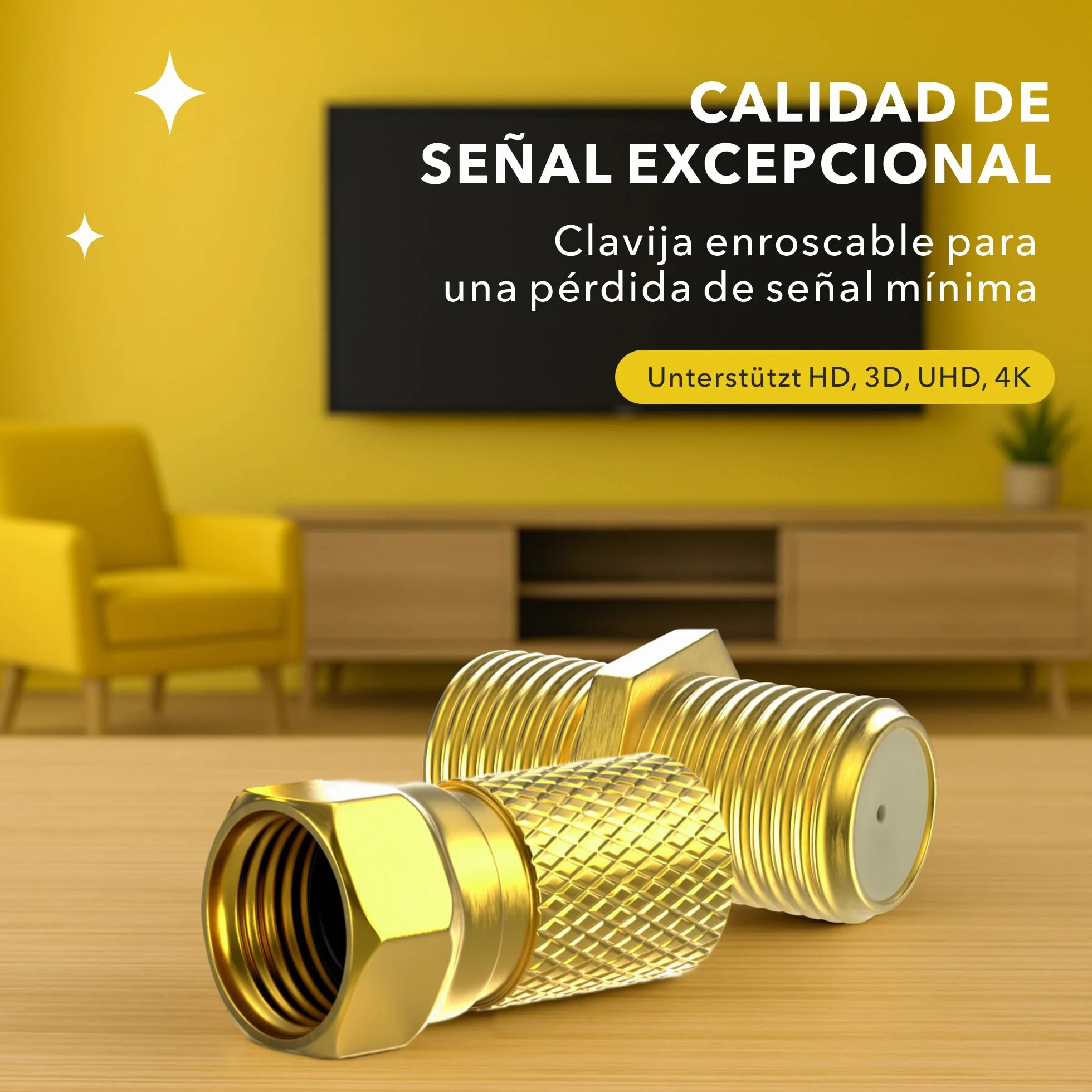 Conector F 7 mm atornillable | 10 piezas conectores + 5 adaptadores F-hembra-hembra | Alargador cable Sat chapado en oro | Junta de goma | Tuerca ancha | Antena coaxial TV satélite