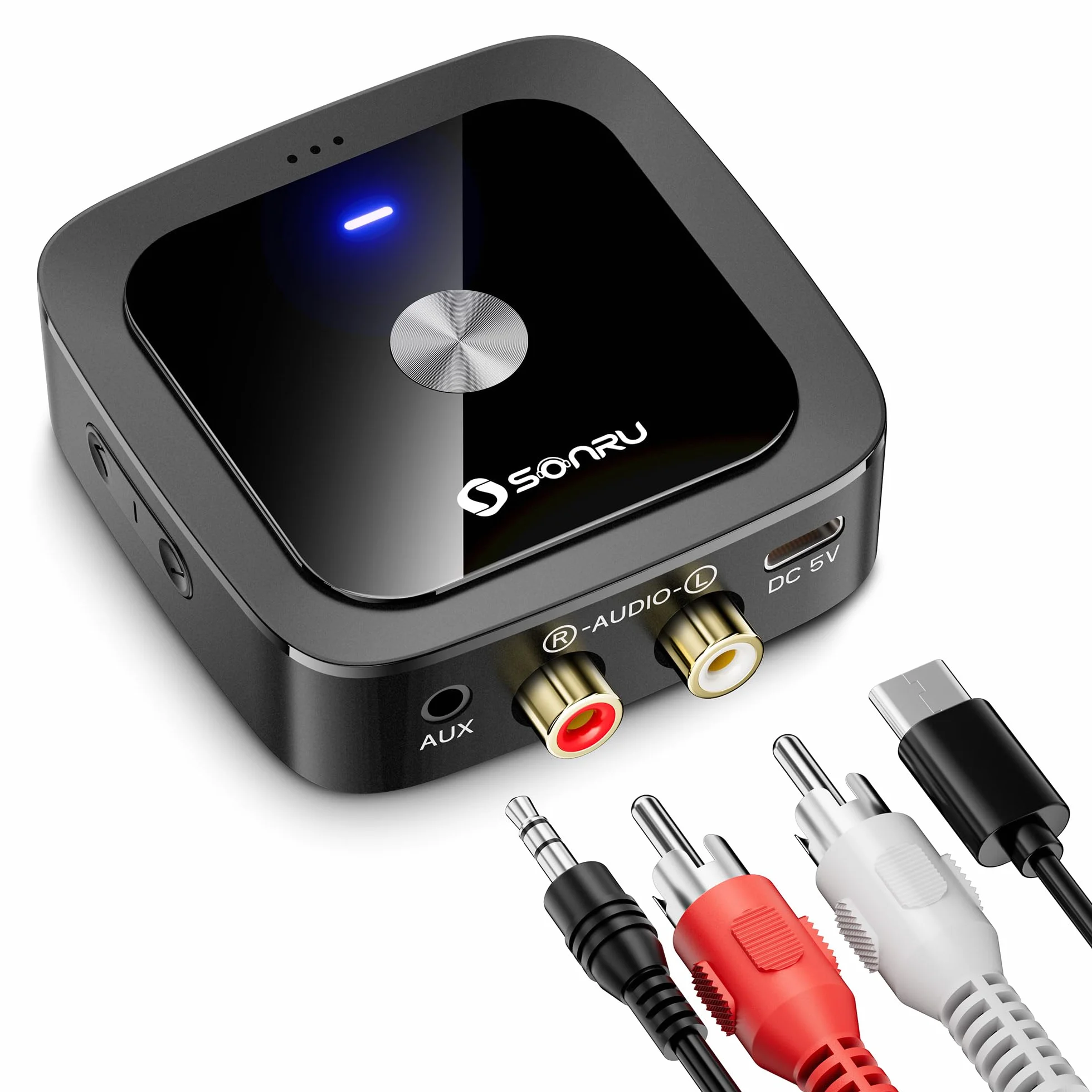 SONRU Receptor Bluetooth 6.0 HiFi, Adaptador De Audio Inalámbrico con Jack Aux 3,5 mm Y RCA,para Sistema Estéreo De Coche/Doméstico,Conexión Dual,Tiempo de Reproducción 24H