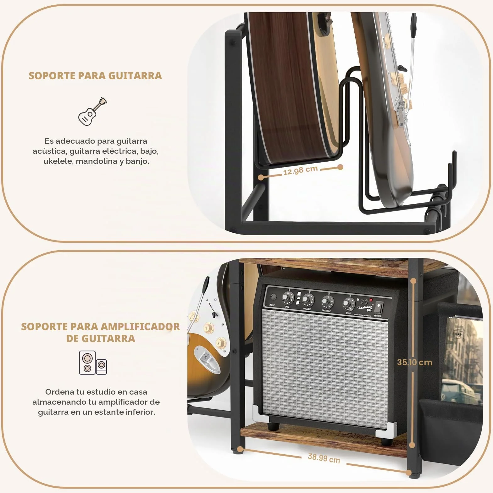 Bikoney Mueble Soporte para Tocadiscos y 200 Vinilos, Soporte de Guitarra Integrado para Eléctrica, Acústica o Bajo, Estante de 3 Niveles para Amplificador y Altavoces, Organizador de Música