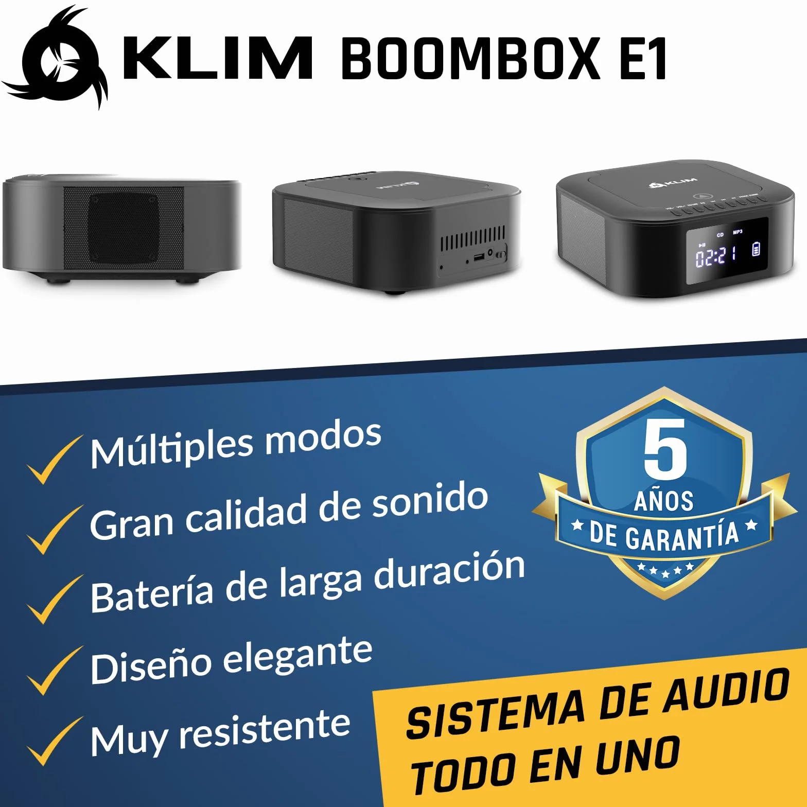 KLIM Boombox E1 Reproductor de CD portátil Bass Boost Subwoofer Radio FM Bluetooth MP3 AUX USB Negro Plata