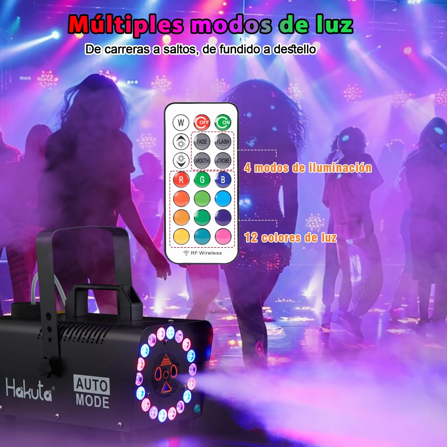 Hakuta Máquina de Niebla con 18 Luces LED, Mando a Distancia, Función Automática - Efecto Humo para Fiestas, Eventos en Interiores, Decoración Hogar (Negro)