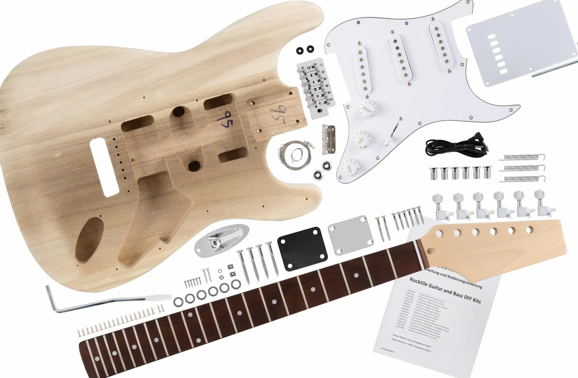 Kit guitarra eléctrica Rocktile estilo ST DIY con hardware: cuerpo de paulownia, mástil de arce, diapasón de palisandro, 3 single-coils, trémolo vintage. Acabado natural.