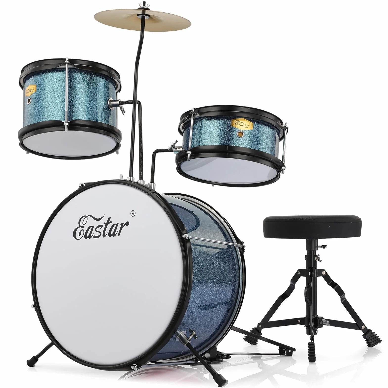 Eastar Batería Junior de 3 Piezas 14 Pulgadas, Juego de Batería para Niños con Trono, Platillo, Pedal y Baquetas, Cielo Azul EDS-180SB