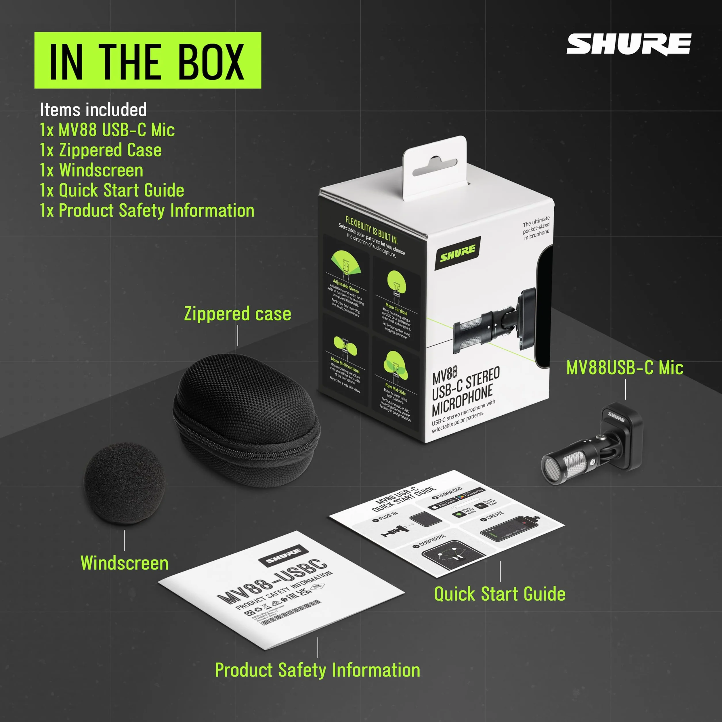 Shure MV88 USB-C Micrófono, para grabación y vlogging iPhone & Android, con Modo de Nivel automático, eliminación de Ruido en Tiempo Real y Cuatro Patrones Polares - Negro
