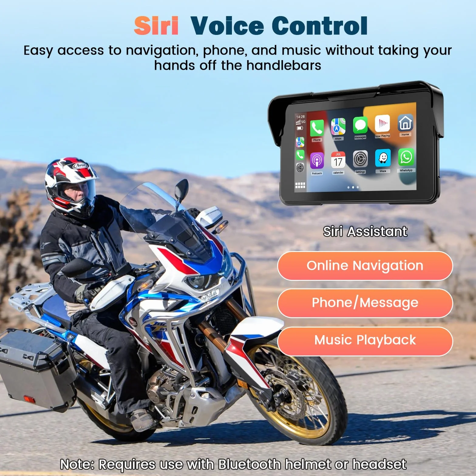 Pantalla Moto Carplay, Inalámbrico CarPlay y Android Auto, 5" Impermeable Táctil GPS Moto con Bluetooth, Navegador, Siri/Google Asistente, Soporte Magnético - Fácil de Instalar y Desmontar