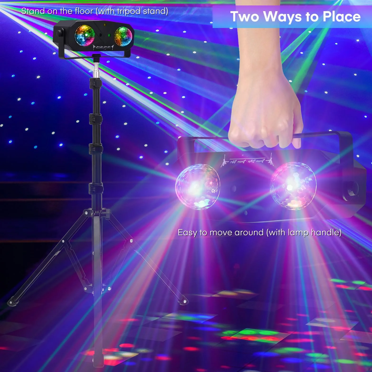 Luces Discoteca 5 en 1 con Trípode, Bola de Caleidoscopio, Luz de Estrella, Activada por Sonido, Efecto Estroboscópico, Luz de Bola de Discoteca Portátil para DJ, Fiestas, Discotecas y Cumpleaños