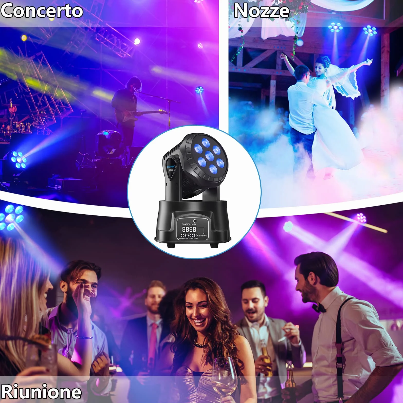 BETOPPER Cabeza Móvil LED, Luz Discoteca 7x8W LED RGBW, DMX 512 Luces Discoteca con 4 Modo de Control para DJ, Disco Party, Bar Club Nocturno LM70S 1-Pack