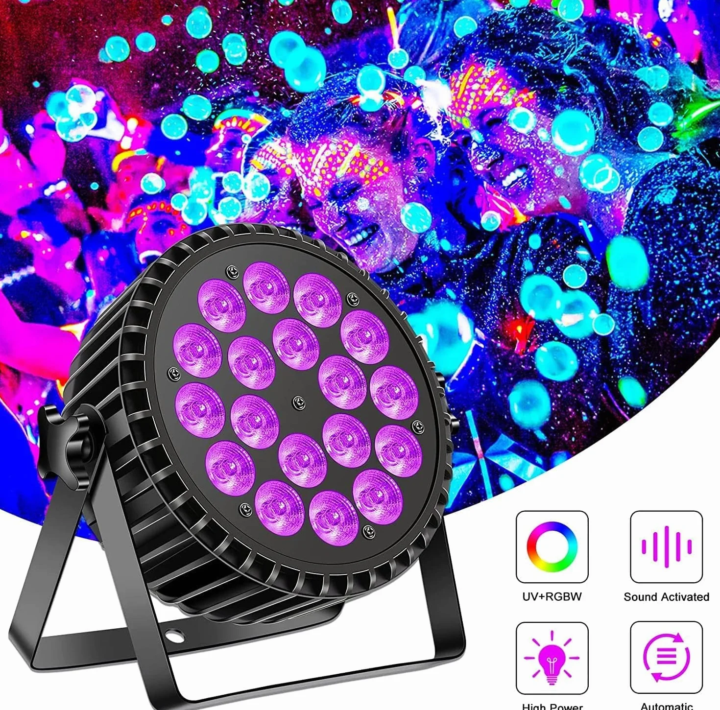 200W 18 LED Par UV+RGB de Escenario, DMX512, 8 Canales, Estroboscópica/Sonido/Modo Activo, Efecto DJ Para Espectáculos, Bares, Fiestas, Festivales de Música