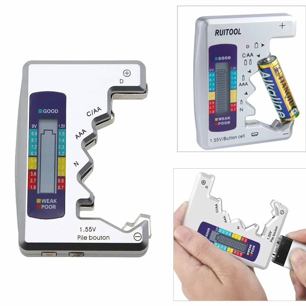 Gasea Comprobador De Batería Digital, Probador de Batería para Pilas de Botón, Medidor de Voltaje de Pilas Probador De Pilas Digital Comprobador de Capacidad de la Batería para AA, AAA, C, D, N, 9V