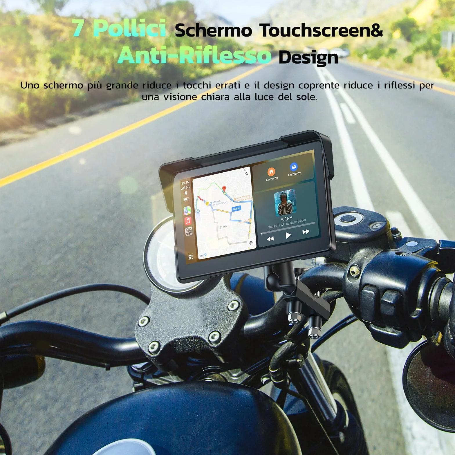 LAMTTO CarPlay Pantalla para Motocicleta 7 Pulgadas IPx7 Impermeable Inalámbrico Bluetooth GPS