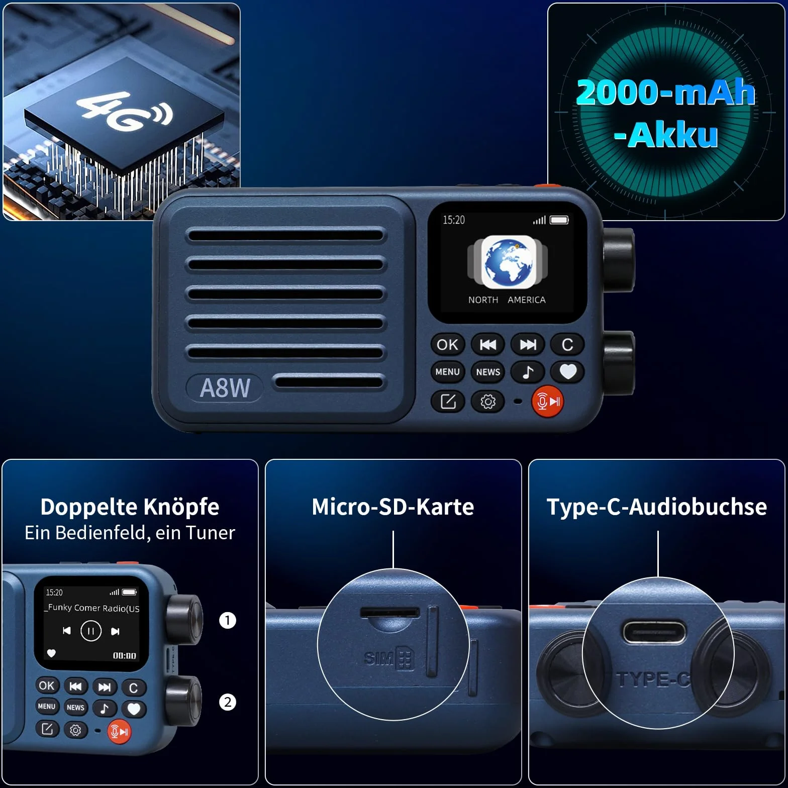 Choyong A8W - Receptor de radio inteligente por Internet WIFI/4G, altavoz con FM, tarjeta micro SD, radio de todo el mundo, para casa con WiFi, radio digital, Choyoung A8W