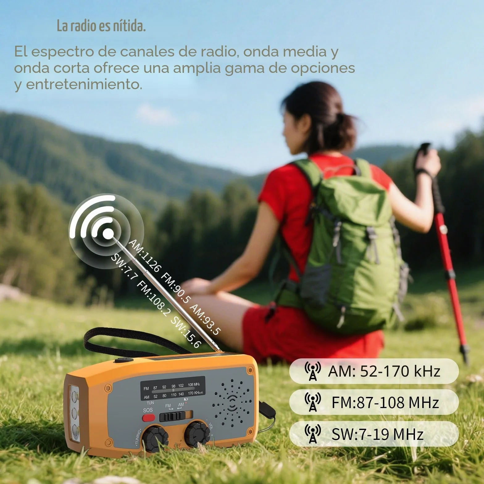 Radio Solar de Emergencia, Radio de Manivela con Linterna LED, Alarma SOS, Am/FM Emergency Radio con Batería de 2000 mAh para Camping y Supervivencia, Naranja