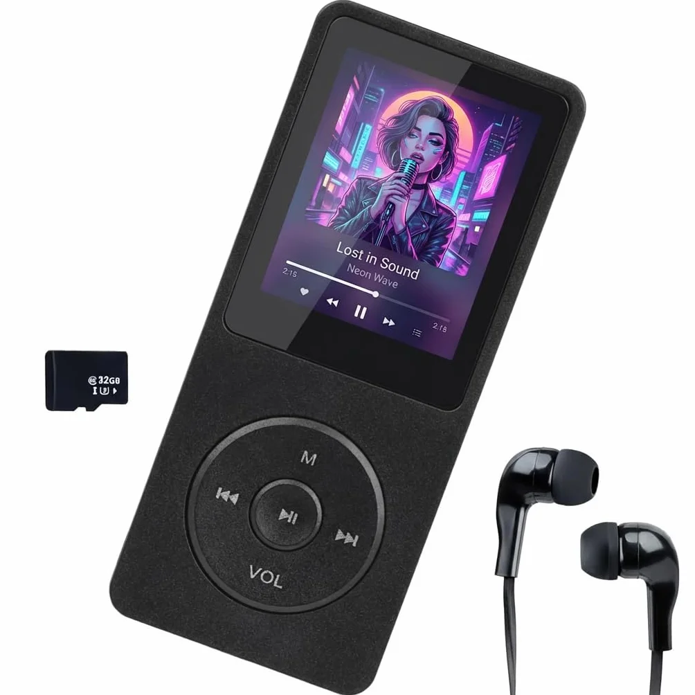 Reproductor MP3 Bluetooth 5.3 32GB con Altavoz, MP3 Player para Niños Deportes, Hi-Fi, Batería 70h, Pantalla 1,8"