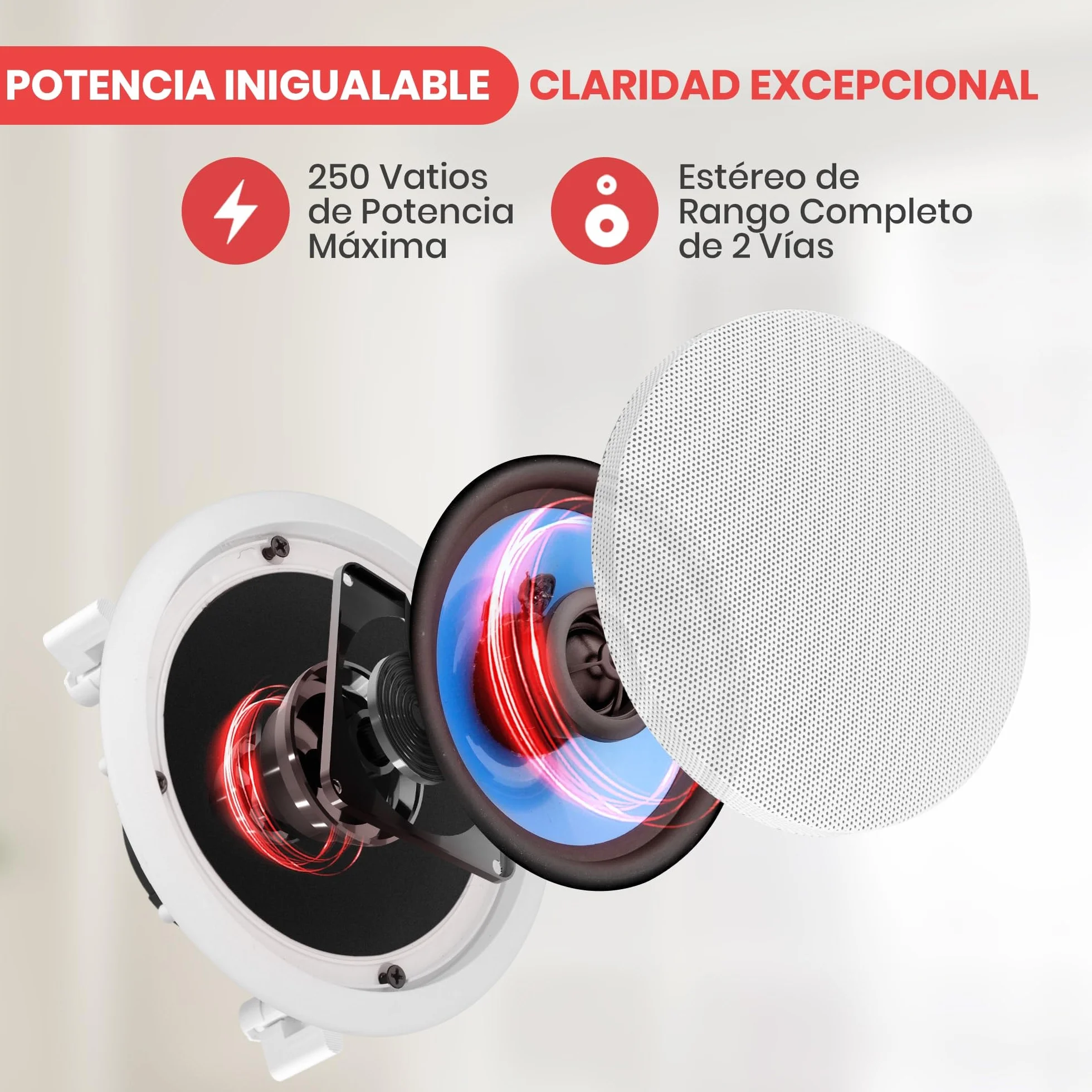 Pyle Altavoces Techo, Pared, 6.5”, 250W, Duales, Estereo, Agudos Ajustables, Rejilla Resistente