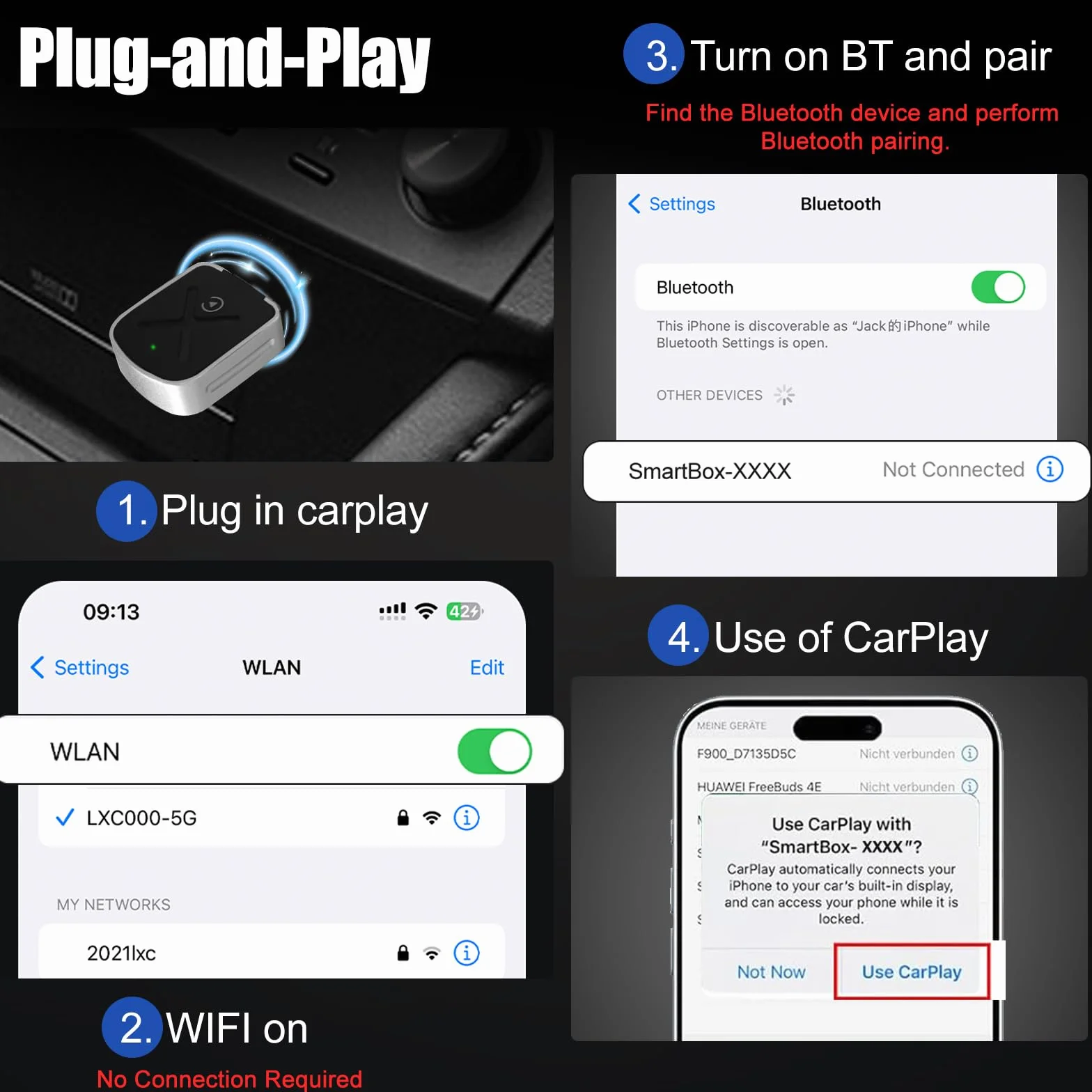 Adaptador Carplay Inalámbrico, Convertir Coche Pantalla Carplay con Cable a Carplay inalámbrico, USB Carplay Compatible con Coches a Partir de 2016 y Teléfonos iOS 10+
