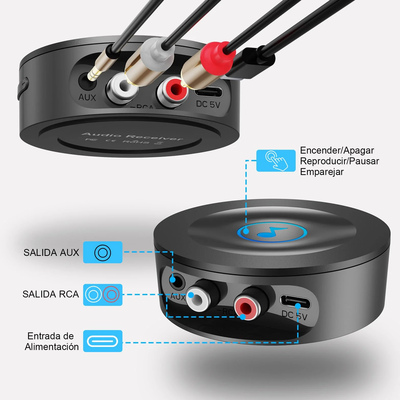 Receptor Bluetooth 5.2 HiFi, Adaptador Bluetooth Jack 3.5mm Nivel Lossless para Estéreo Casa, Altavoz, Amplificador, con Salidas AUX/RCA, Largo Alcance, Audio HD y Baja Latencia