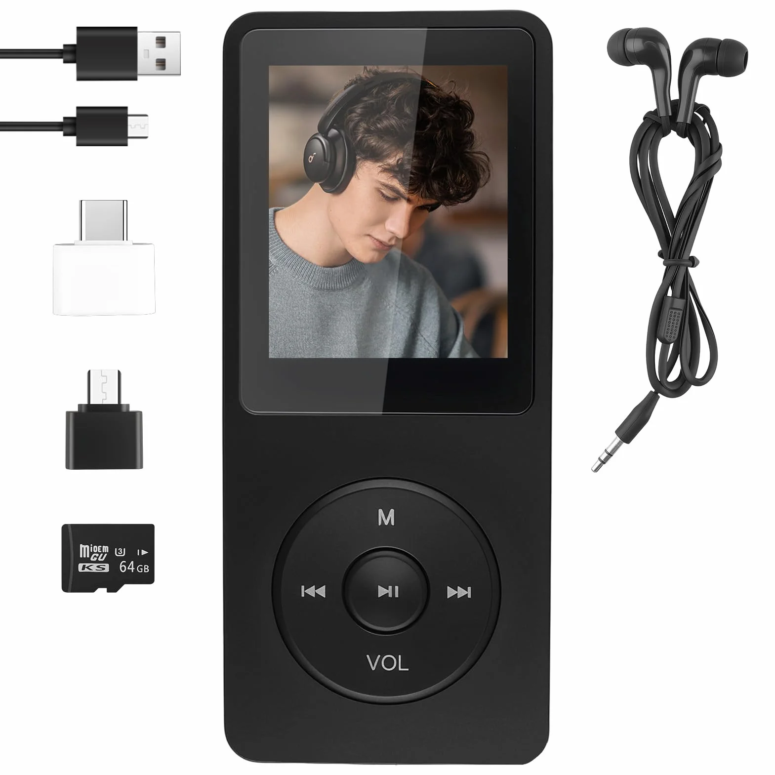 Reproductor MP3 Bluetooth 5.3, 64GB Reproductor de Música con Radio FM Grabadora de Voz, E-Book, HiFi sin Pérdida MP3 WMA Ape FLAC WAV Tarjeta TF hasta 128GB Auriculares con Cable y Adaptador OTG