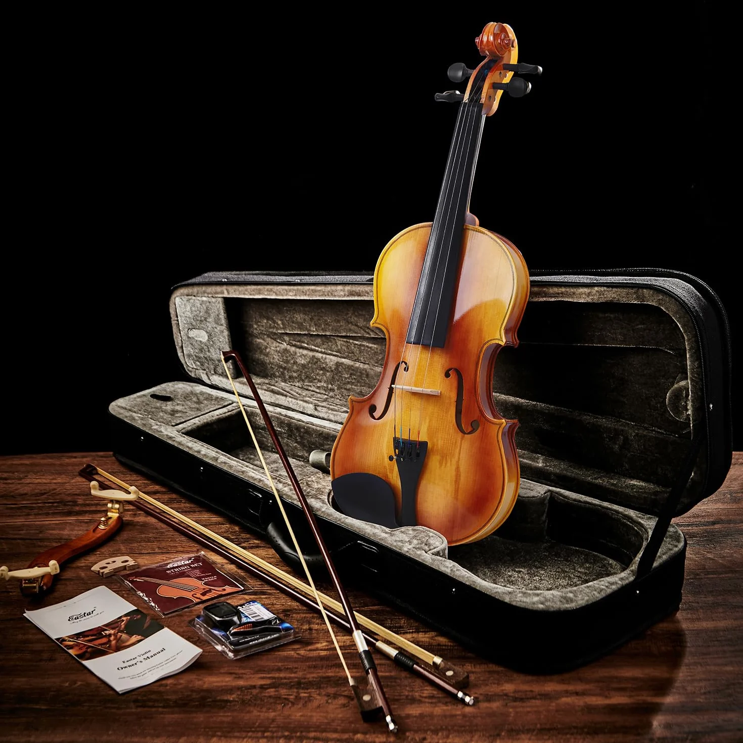 Juego de violín Eastar 4/4 de madera maciza con estuche rígido, hombrera, dos arcos y cuerdas adicionales (EVA-330)