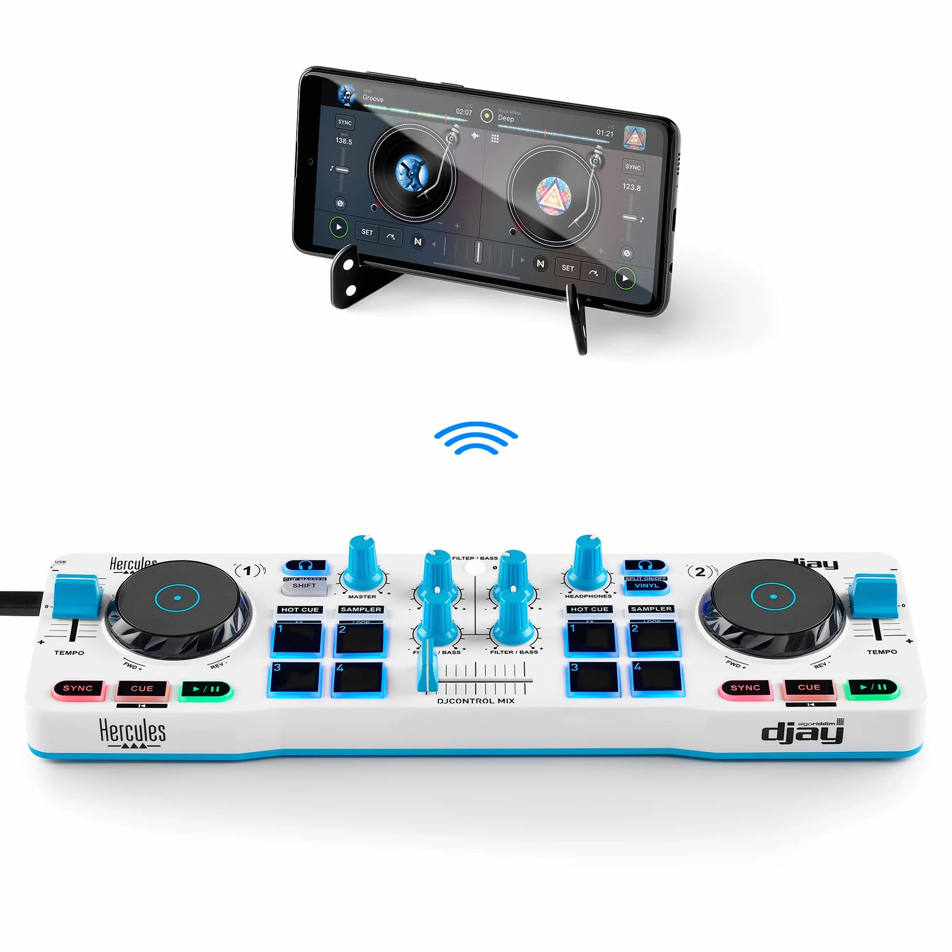 Hercules DJControl Mix Blue Edition - Controladora DJ Bluetooth Inalámbrica para Smartphones (iOS/Android), Edición Especial Azul Exclusiva en Amazon, Incluye App djay y Soporte - Azul