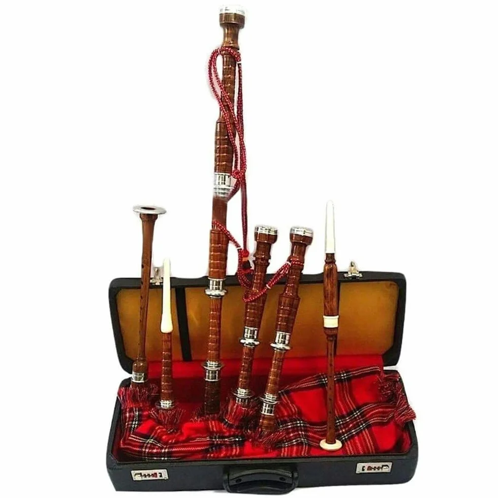 Gran gaita escocesa de las tierras altas con cubierta de tartán Royal Stewart y accesorios, gaita jugable con acabado marrón, soportes plateados, libro de tutores gratis