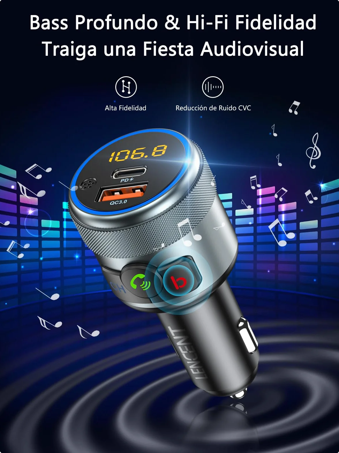 LENCENT Transmisor FM Bluetooth 5.1 Manos Libres Coche Adaptador Radio con Carga Rápida PD 20W QC3.0 18W
