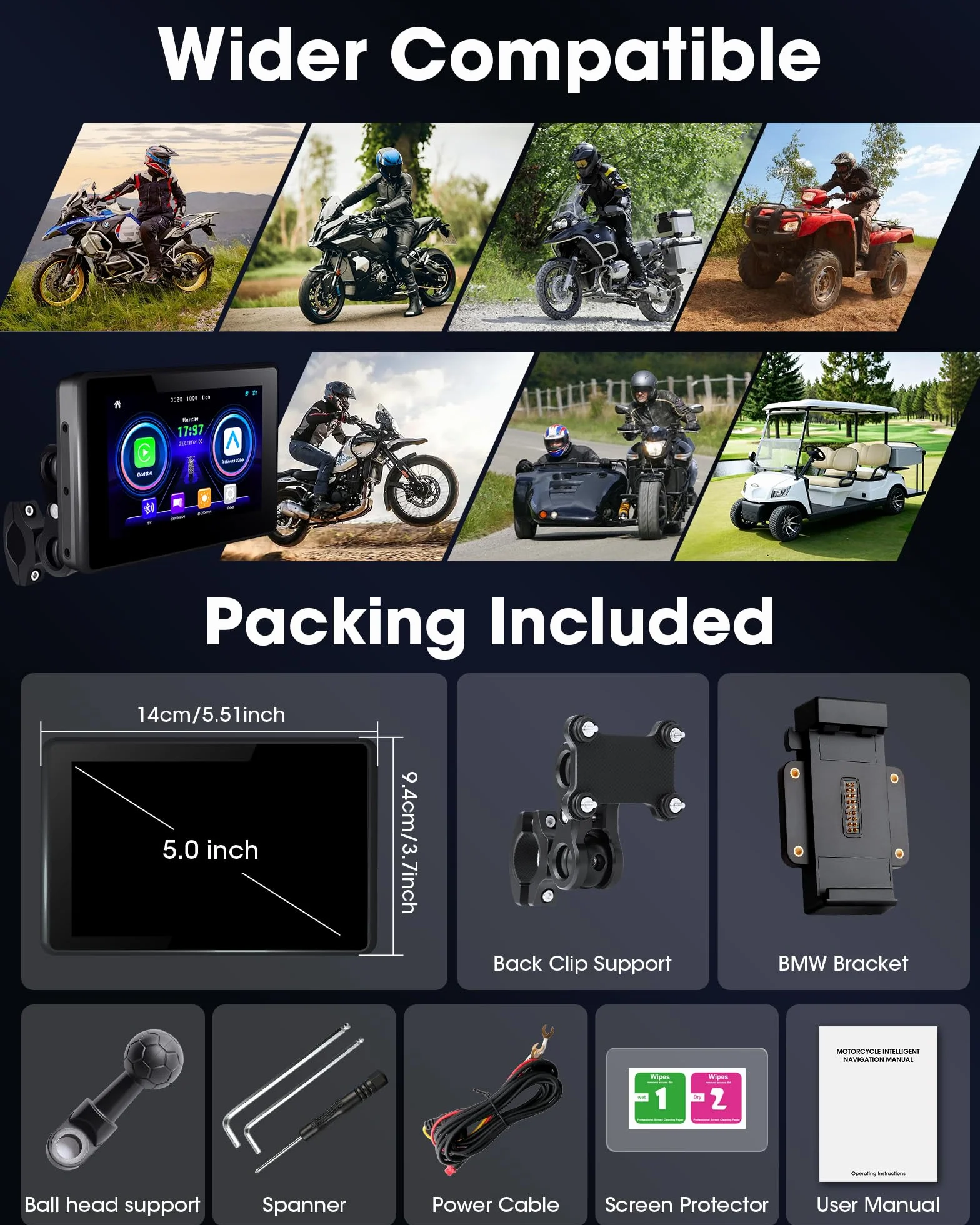 Universal Carplay Moto Soporte Adaptador Corriente GPS Navegador 5 Pulgadas Pantalla Táctil Impermeable 1000 nit Android Auto