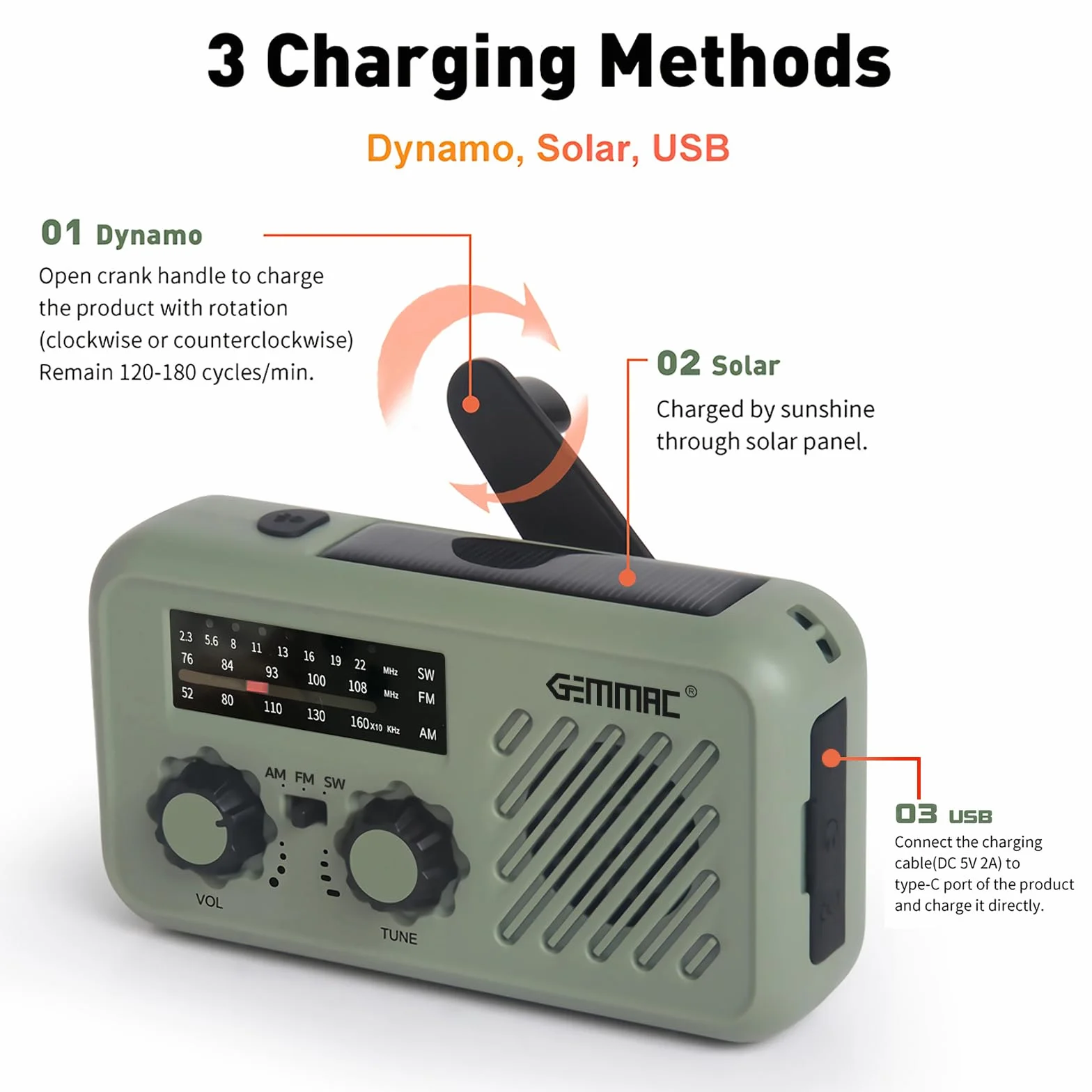 Emergency Radio Portátil Solar Recargable FM/AM Dinamo Manivela Linterna LED 2000mAh Powerbank SOS USB