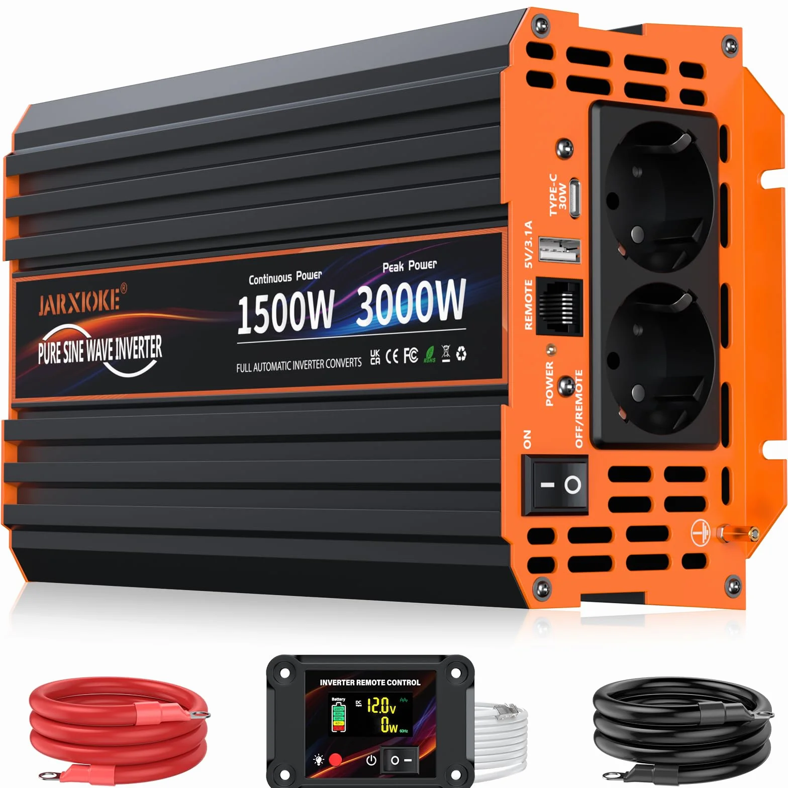 Inversor 12V 220V-230V Onda Pura 1500w Convertidor DC AC Transformador de Voltaje con Mando a Distancia & 2 Tomas de AC & Puerto USB para Coche Camion RV