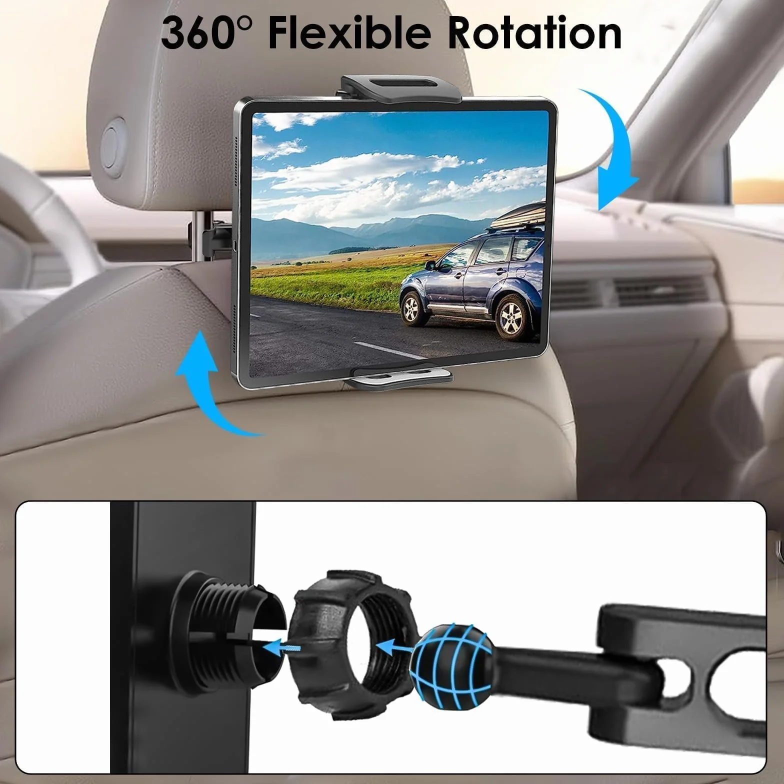 Linkstyle Soporte Tablet Coche, Extensible Soporte Reposacabezas Asiento Trasero Rotación 360°, Compatible con iPad Tablet Móvil Samsung Galaxy Kindle de 4"-10.6" Pulgada