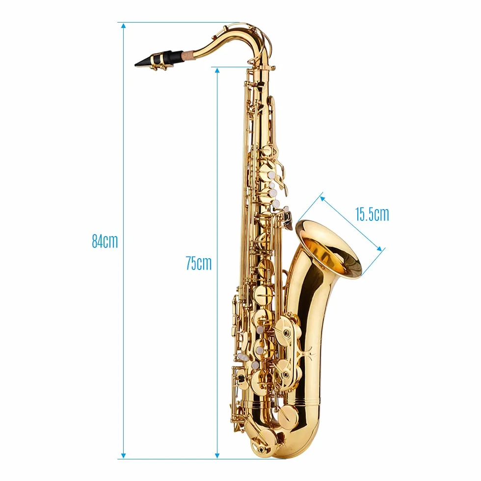 Lechnical Saxofón tenor Bb Sax Cuerpo de latón Superficie lacada en oro Instrumento de viento de madera con estuche de transporte Guantes Paño de limpieza Cepillo Sax Correas para el cuello