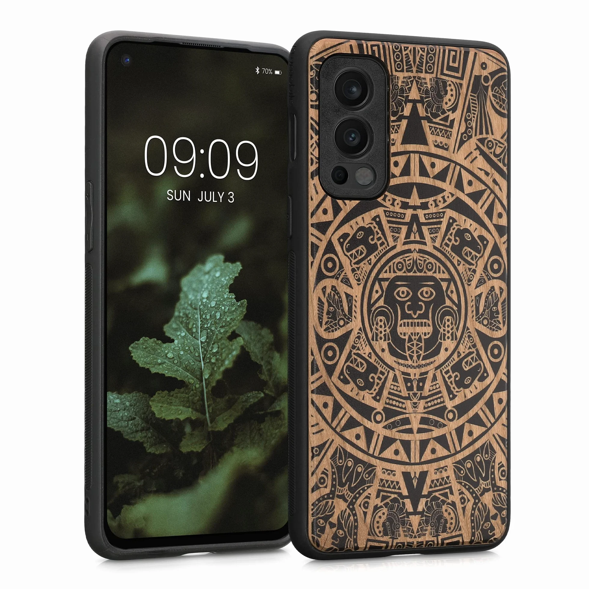 kwmobile Carcasa OnePlus Nord 2 5G Funda de Madera con Bumper Antigolpes Calendario Azteca