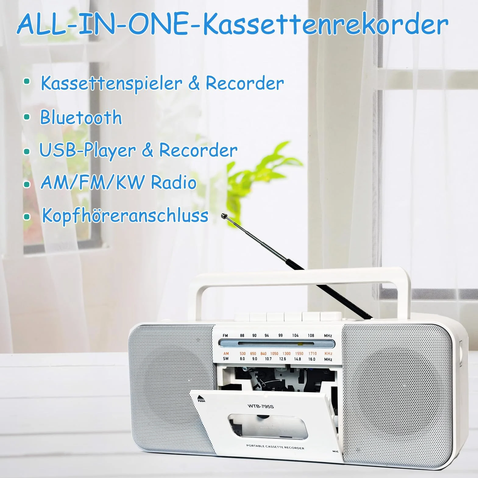 Reproductor y Grabadora de Cassette Multifunción - Bluetooth, Radio Am/FM/SW, Conversor a MP3, Altavoz 10W Portátil (Blanco)