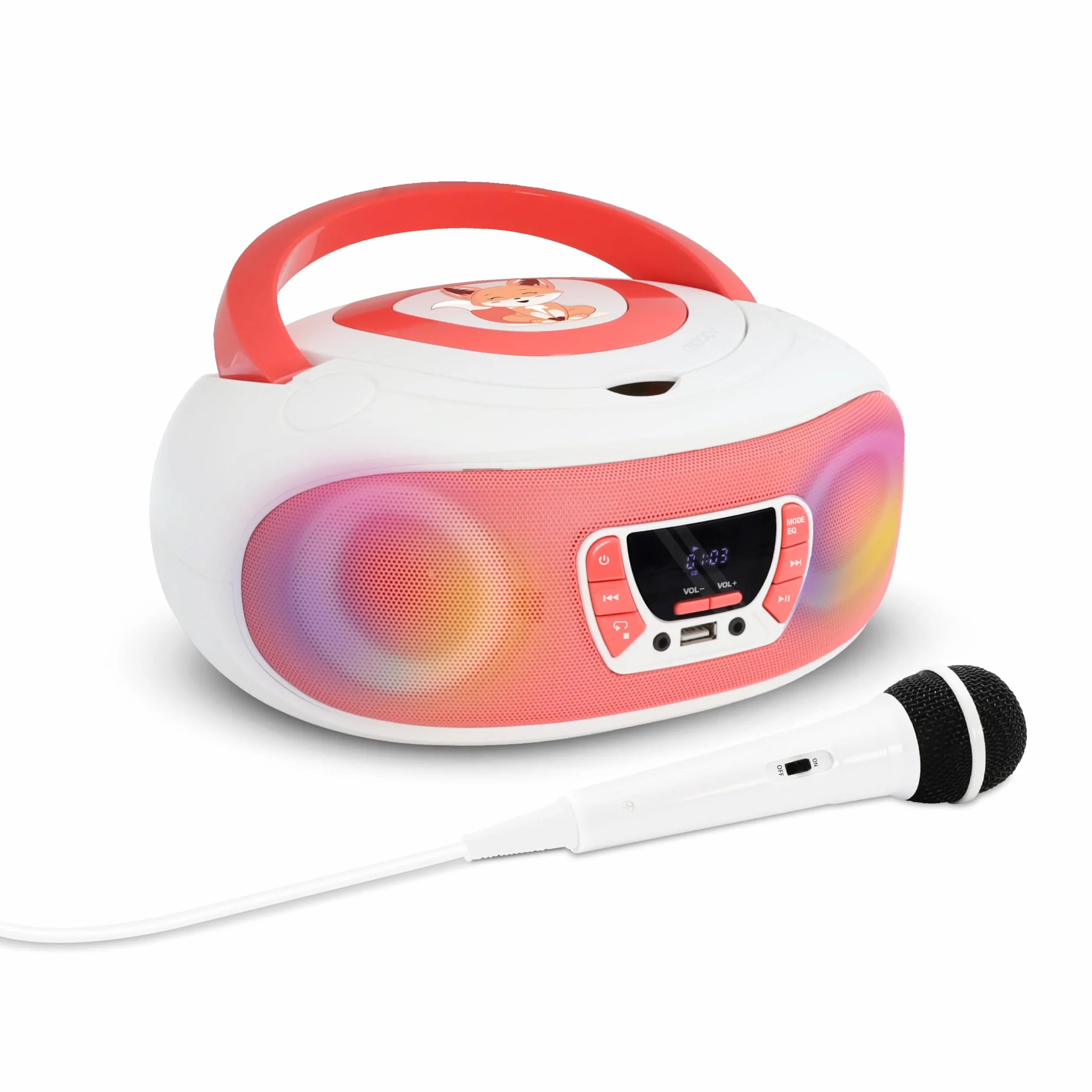 Mooov 477409 - Radio CD FM, Efectos Luminosos, función inalámbrica, USB, Pantalla LED, función Karaoke con Micro AUX-IN, Blanco y Rosa