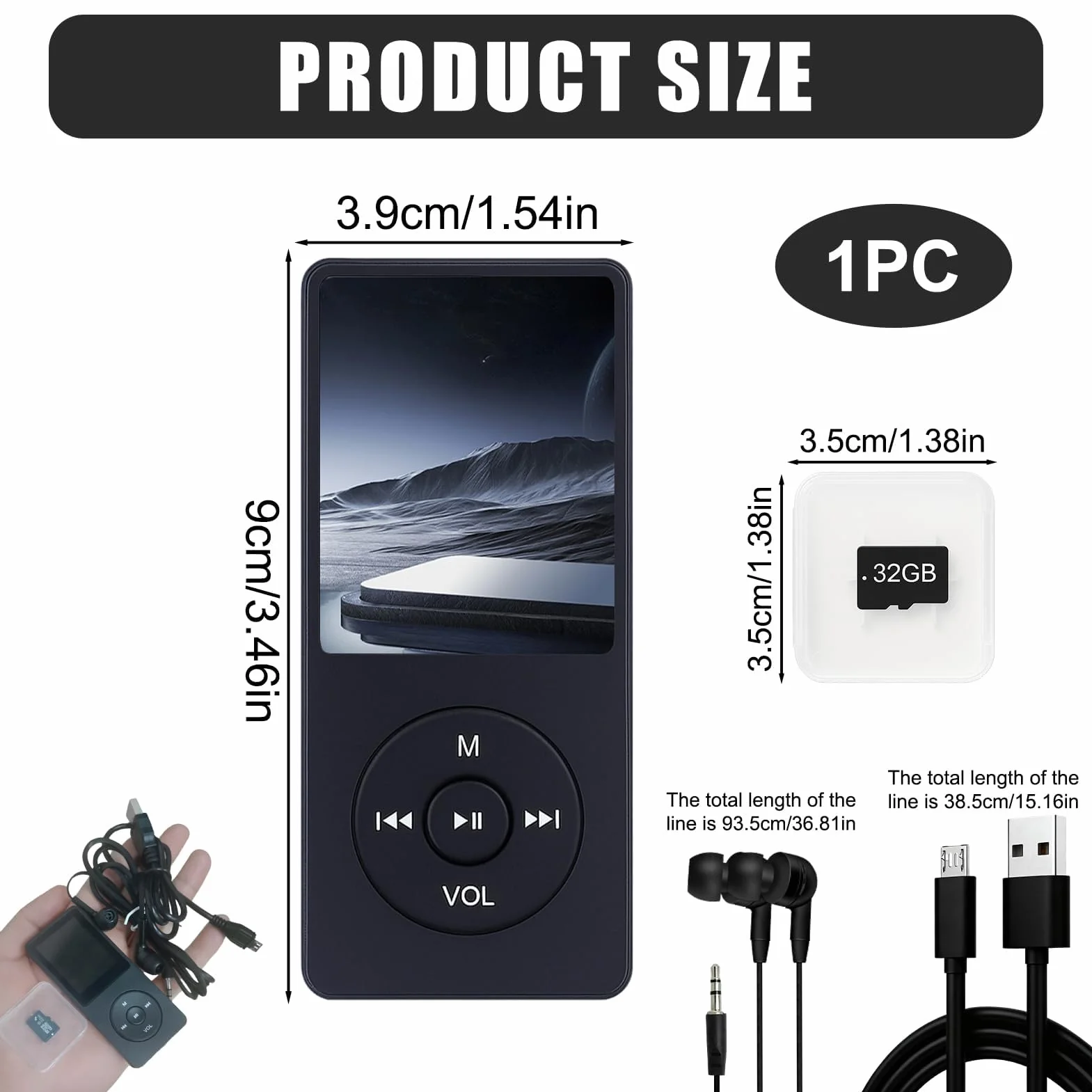 Reproductor MP3 32GB Bluetooth 5.3 Pantalla TFT 1,8 Pulgadas Auriculares Altavoz Libro Electrónico Grabación 128GB
