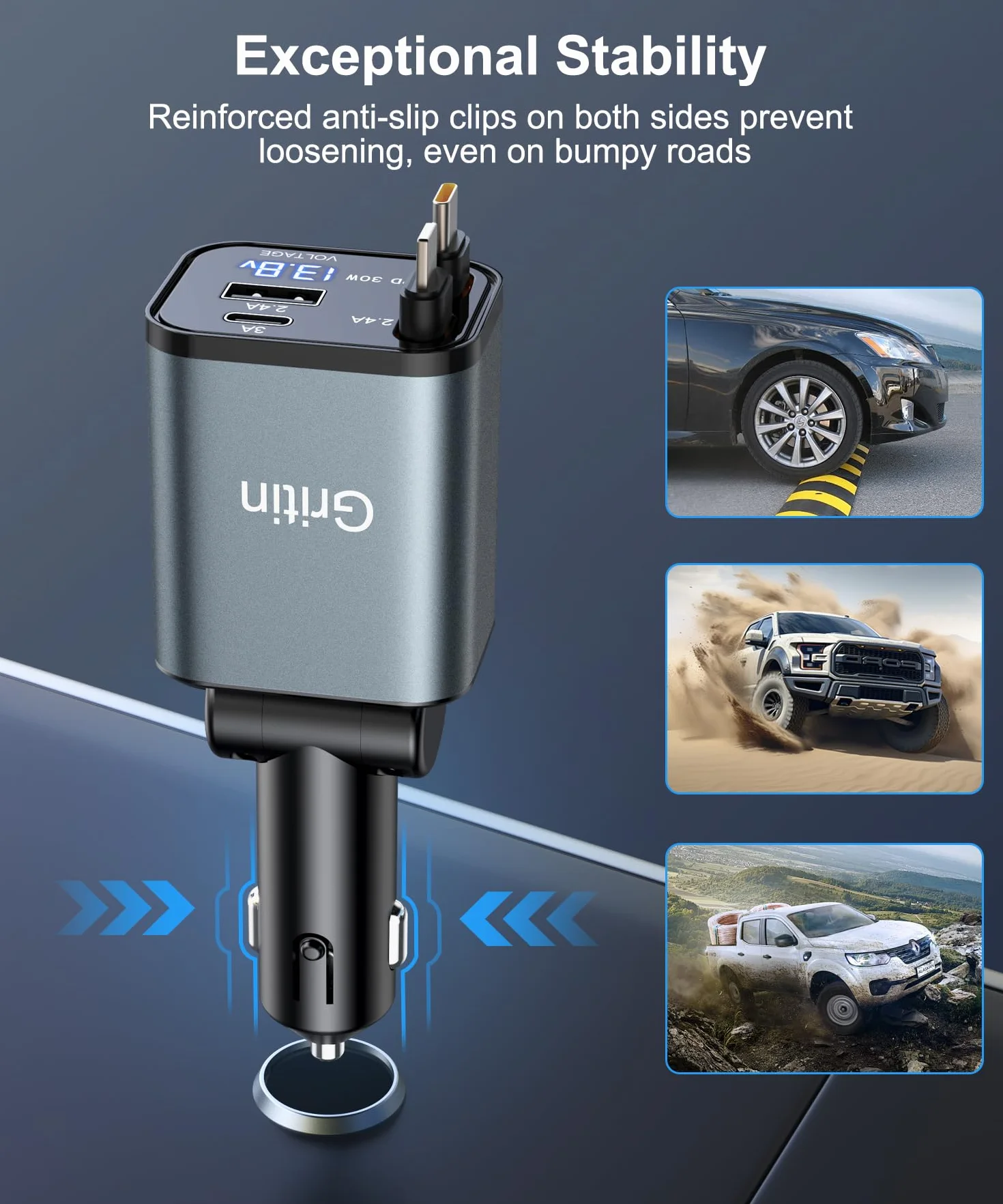 Gritin Cargador Coche 69W PD 3.0 Adaptador Mechero Rápido 4 en 1 80cm Cable Retráctil 2 Puertos USB