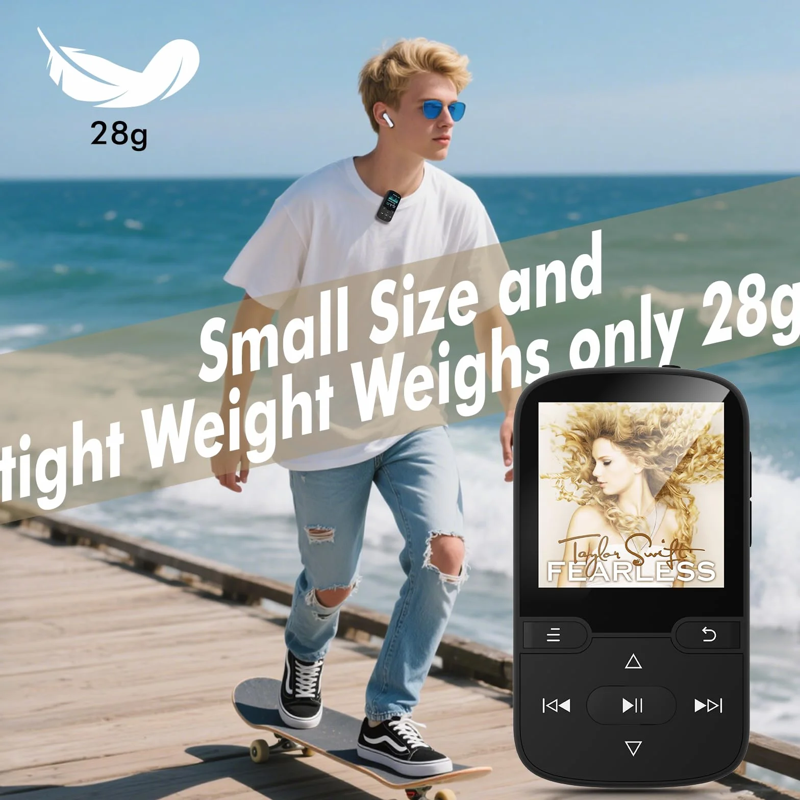 Reproductor MP3 Bluetooth 5.3 con Clip, Radio FM, Grabadora de Voz, 64GB, Deportes
