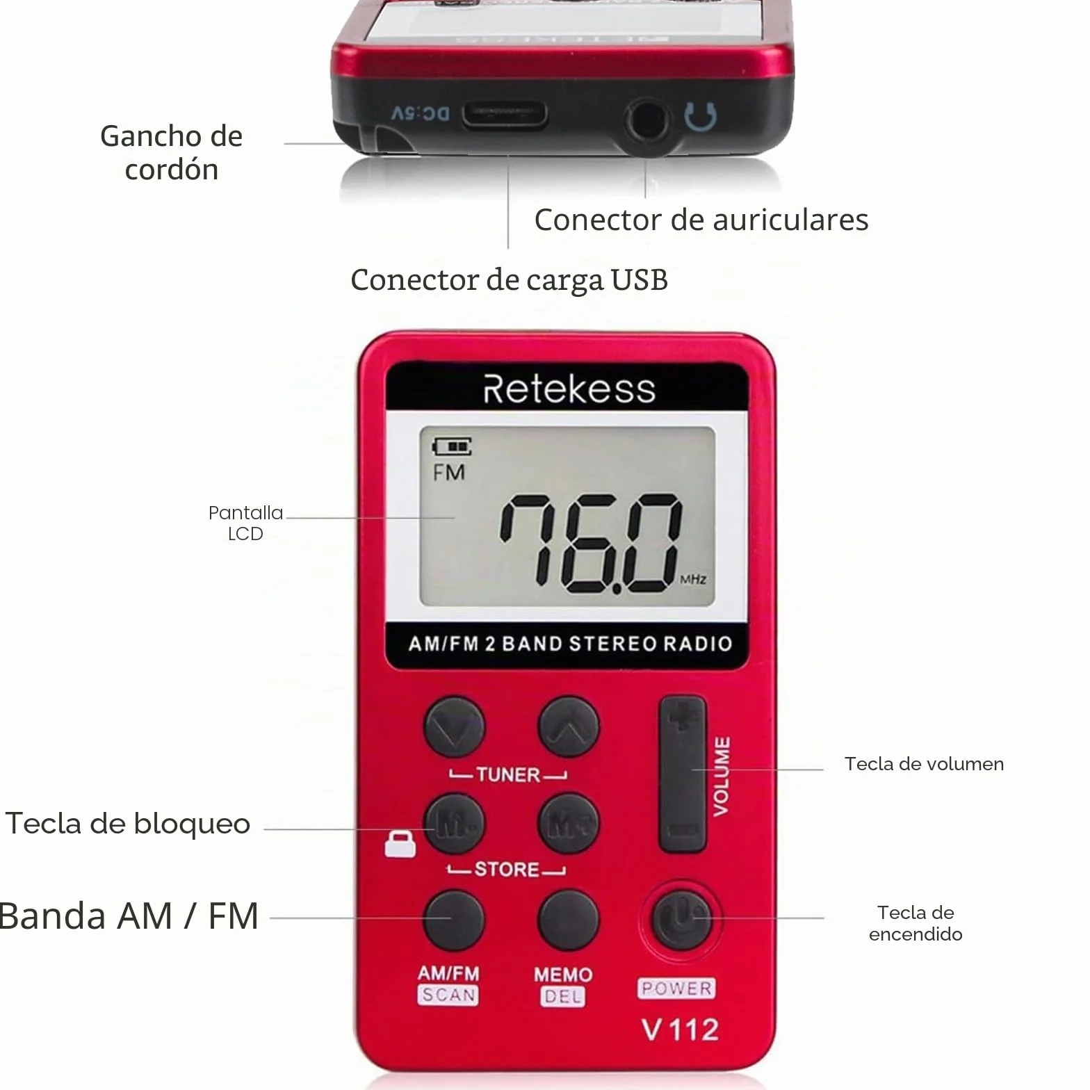 Retekess V112 Radio Portátil Pequeña,Mini Receptor de Sintonizador Digital Am FM,Batería Recargable,con Auriculares,Temporizador de Apagado,Adecuado para Correr,Viajar,Pescar(Rojo)