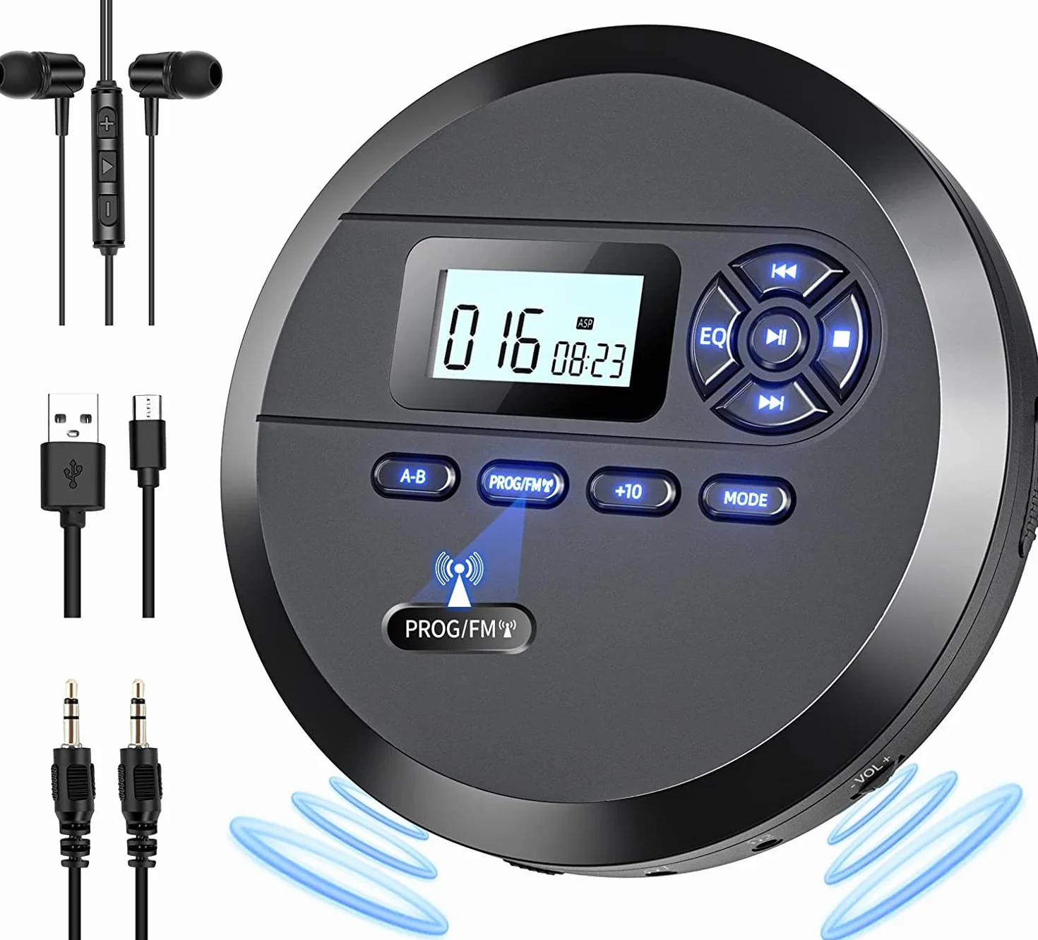 DESOBRY Reproductor CD Portátil con Altavoces FM, 2000 mAh, Pantalla LCD
