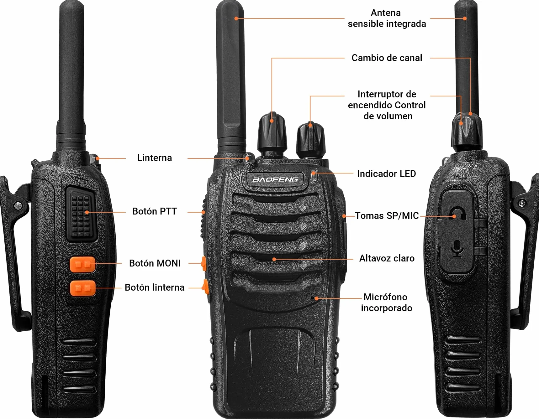 BF-88X Profesional Walkie Talkie, 16 Canales de Largo Alcance de Radio de Dos vías con Cargador USB, Auriculares, Ideal para los niños Jugar y el Trabajo de los Adultos (Negro, 1 par)