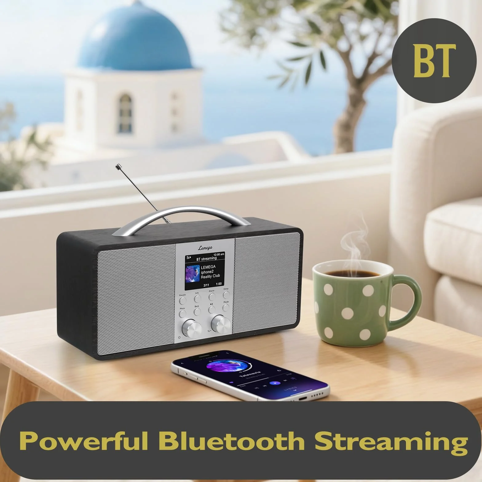Lemega IR6 Radio por Internet Estéreo con Podcasts y Bluetooth - Radio Dab/Dab+ y FM con Sonido Real 2.0, 150 Presintonías,Radio Despertador,Batería Recargable USB-C,Madera Premium y asa de Aluminio