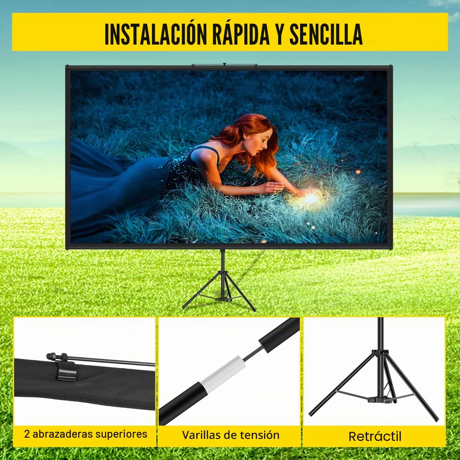 VEVOR Pantalla Proyector 100" 16:9 4K HD Trípode Ajustable 200-250 cm Portátil 227x127 cm Cine en Casa Negro