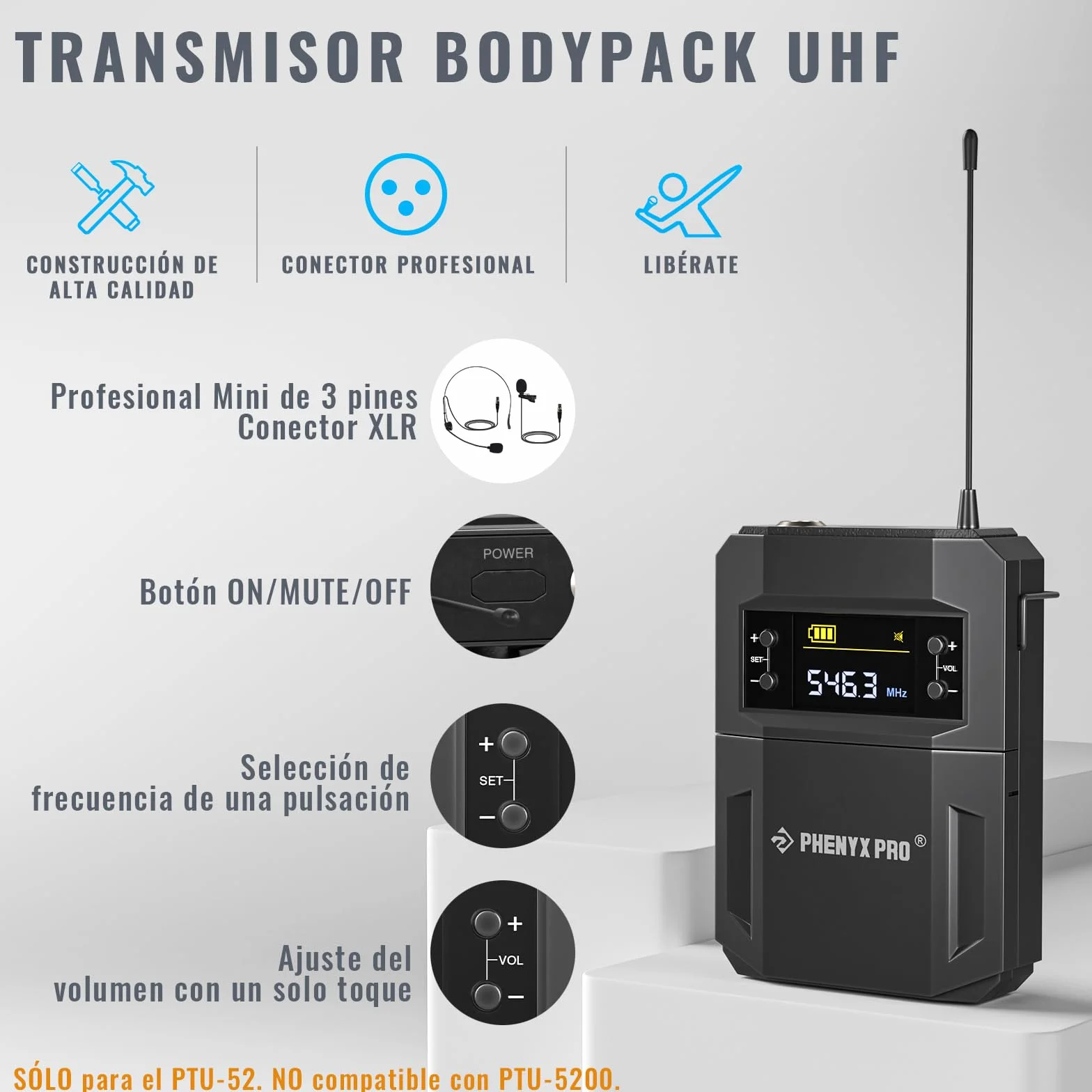 Phenyx Pro UHF Metal Sistema de micrófono inalámbrico Profesional con 2x30 Frecuencias, 2 Bodypacks y Diadema/micrófonos de Solapa para Hablar, Cantar, Iglesia, DJ (PTU-52-2B)