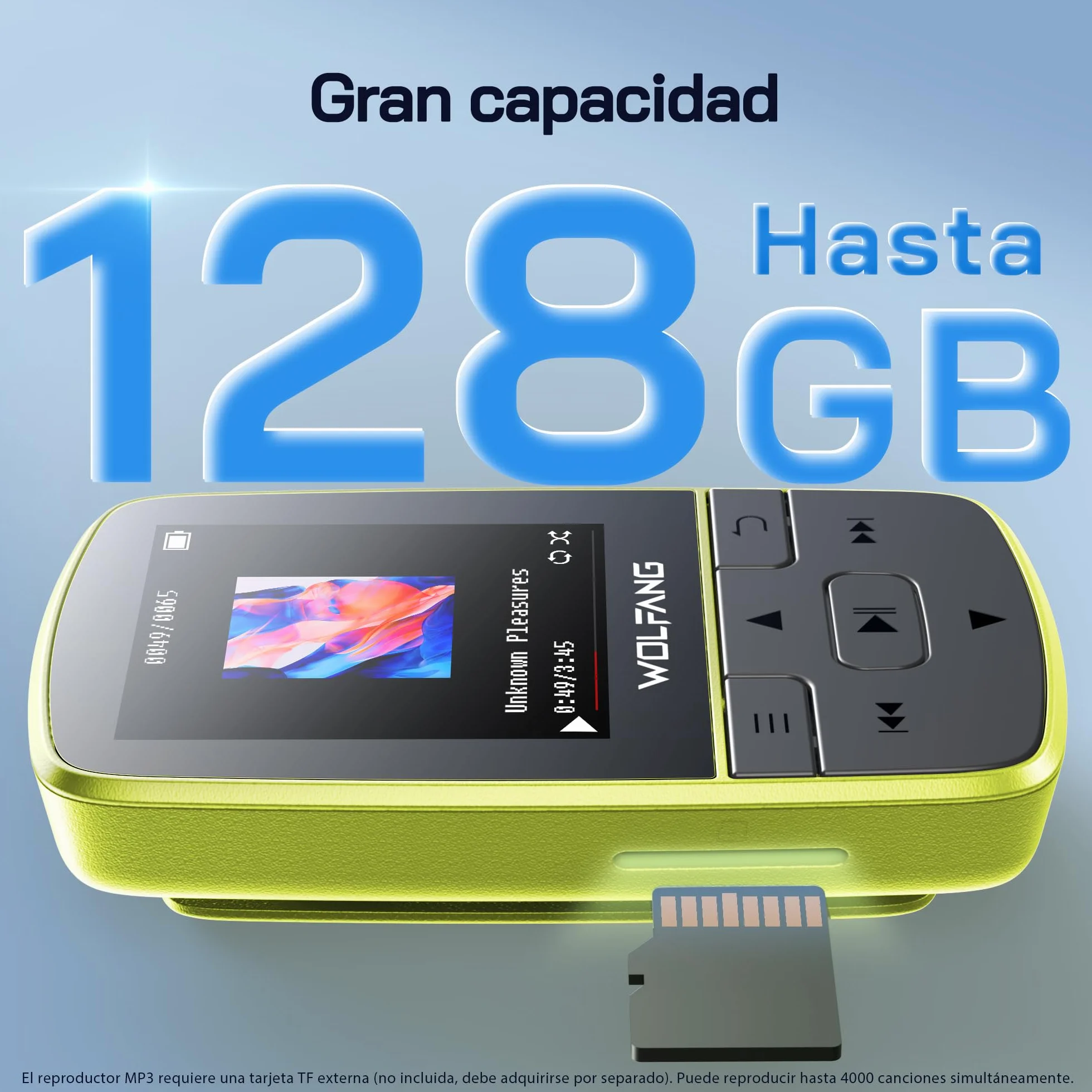 WOLFANG Reproductores de MP3 con Bluetooth 5.2, Clip Deportivo, tamaño Mini, Peso de 1 Onza, Radio FM HiF, grabadora de Voz, Auriculares incluidos, Verde Fluorescente