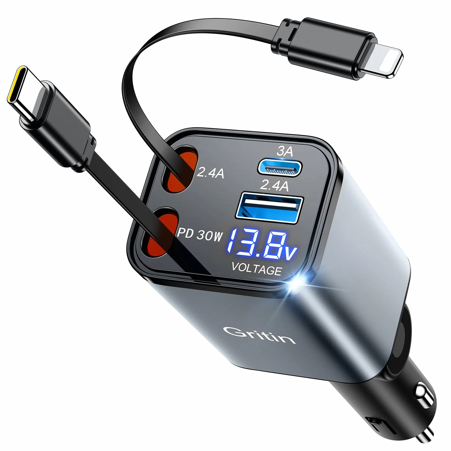 Gritin Cargador Coche 69W PD 3.0 Adaptador Mechero Rápido 4 en 1 80cm Cable Retráctil 2 Puertos USB